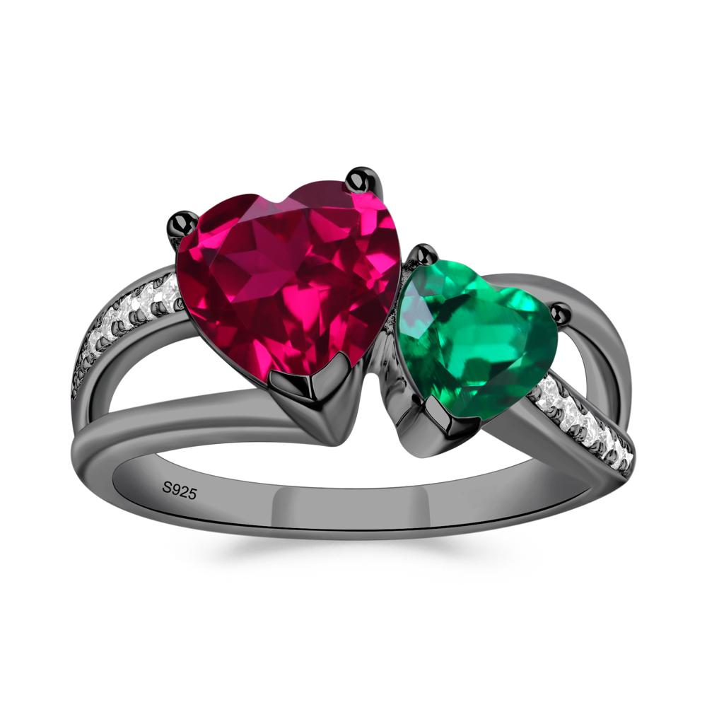 Emerald and Ruby Two Heart Ring - LUO Jewelry #metal_black finish sterling silver