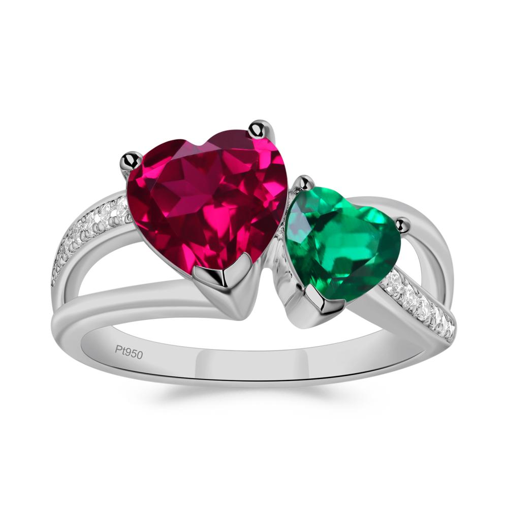 Emerald and Ruby Two Heart Ring - LUO Jewelry #metal_platinum