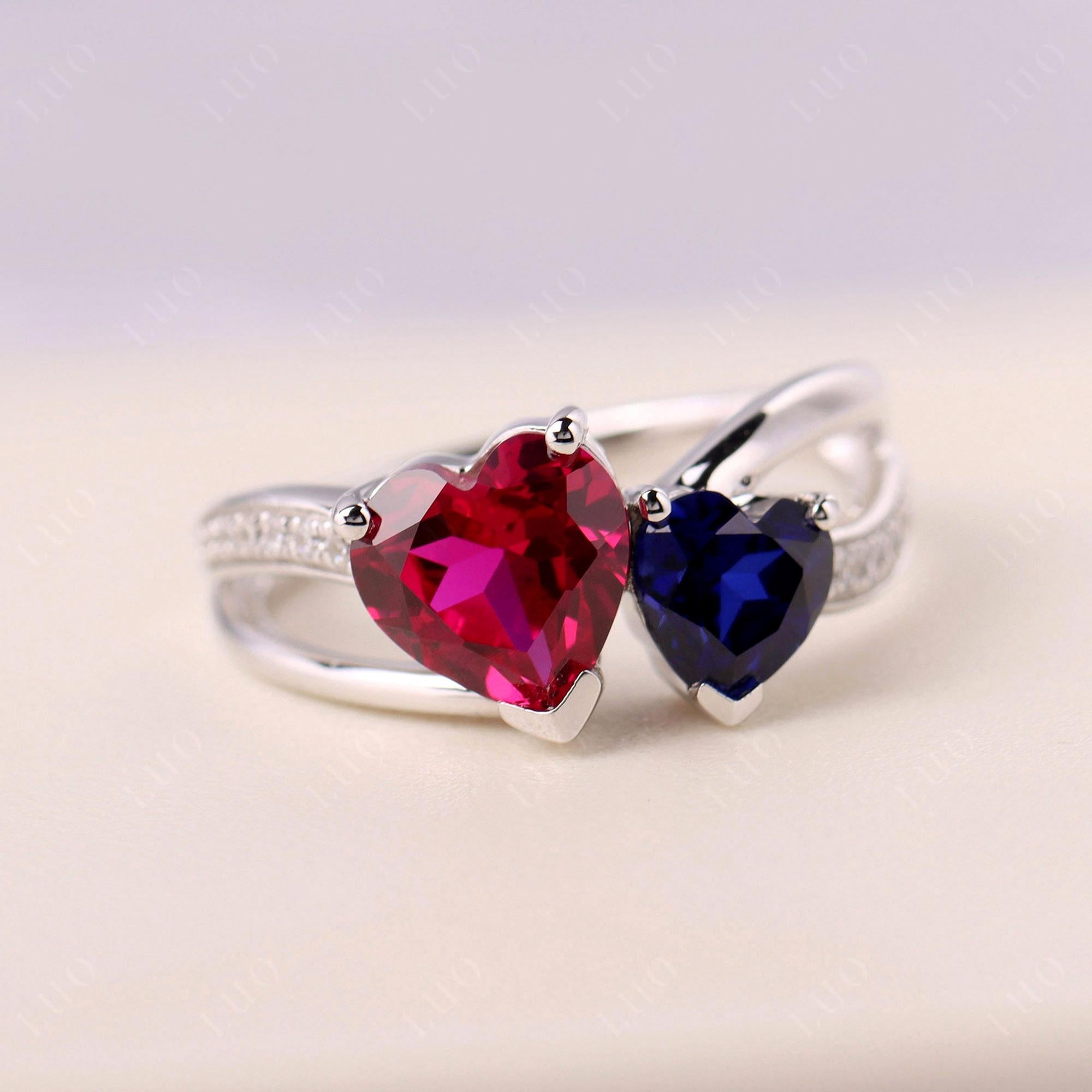 Ruby and Sapphire Two Heart Ring - LUO Jewelry 