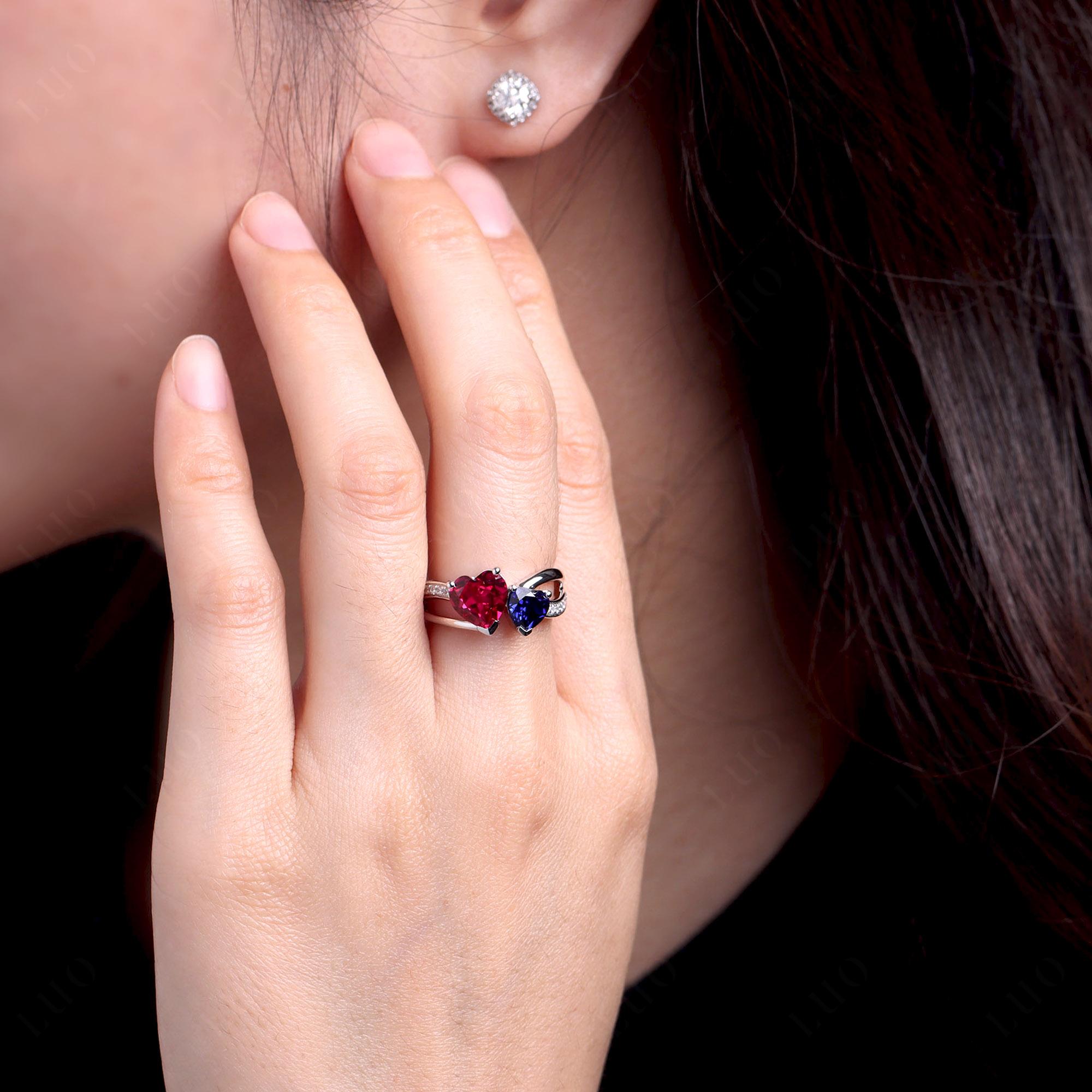 Ruby and Sapphire Two Heart Ring - LUO Jewelry 