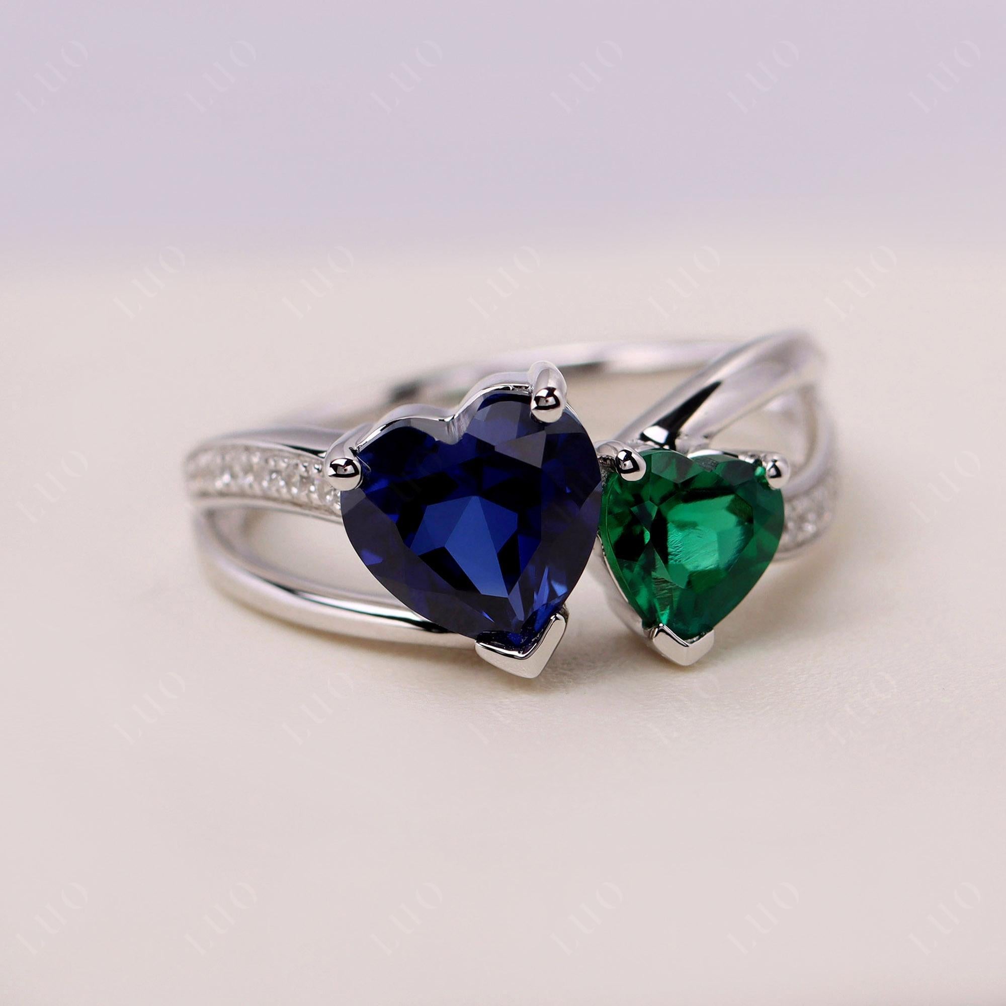 Emerald and Sapphire Heart Toi Et Moi Ring - LUO Jewelry 