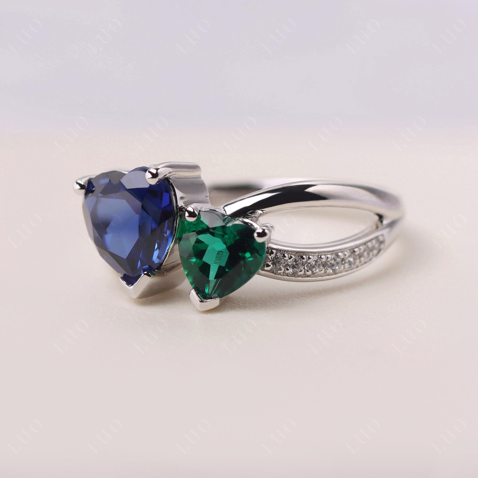 Emerald and Sapphire Heart Toi Et Moi Ring - LUO Jewelry 