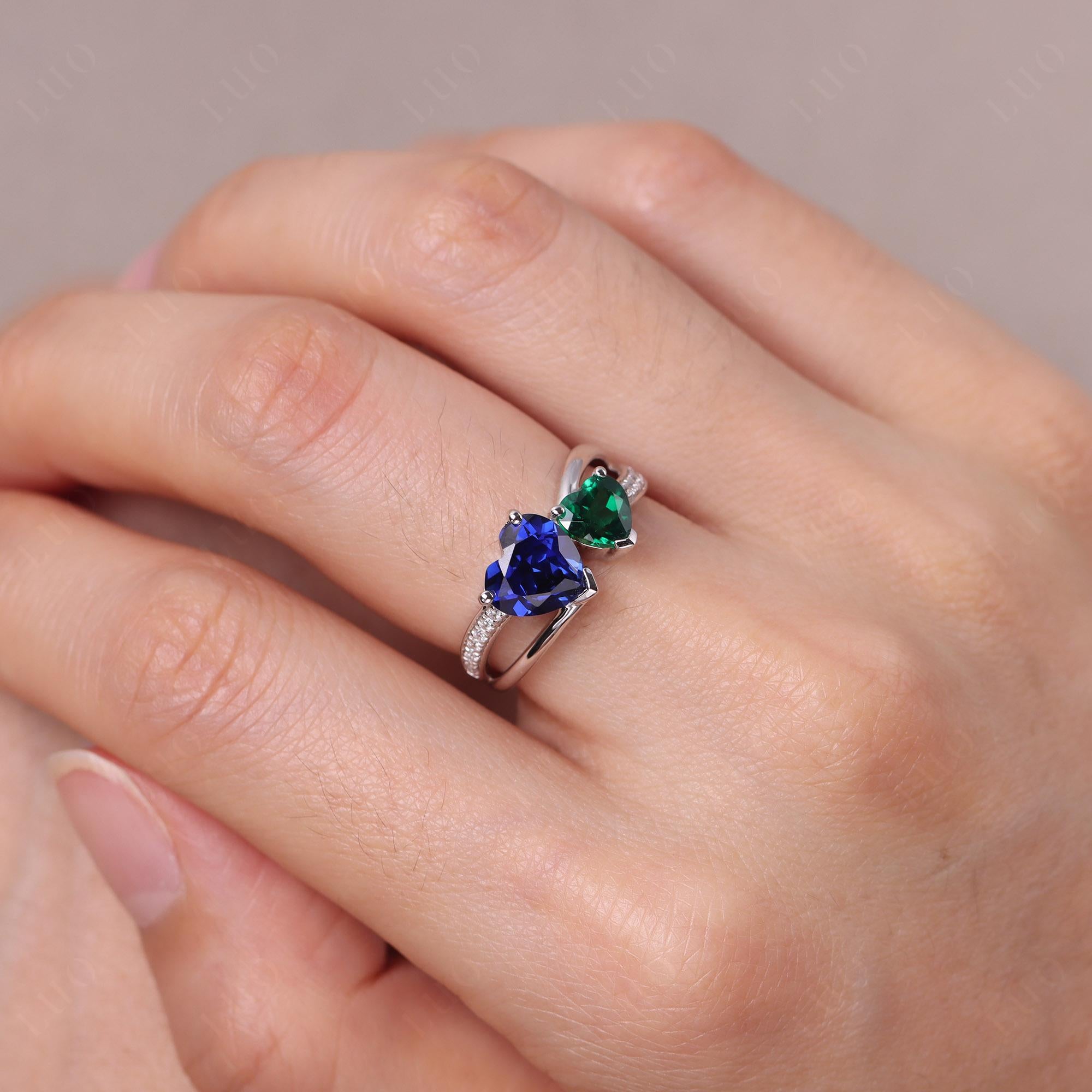 Emerald and Sapphire Heart Toi Et Moi Ring - LUO Jewelry 