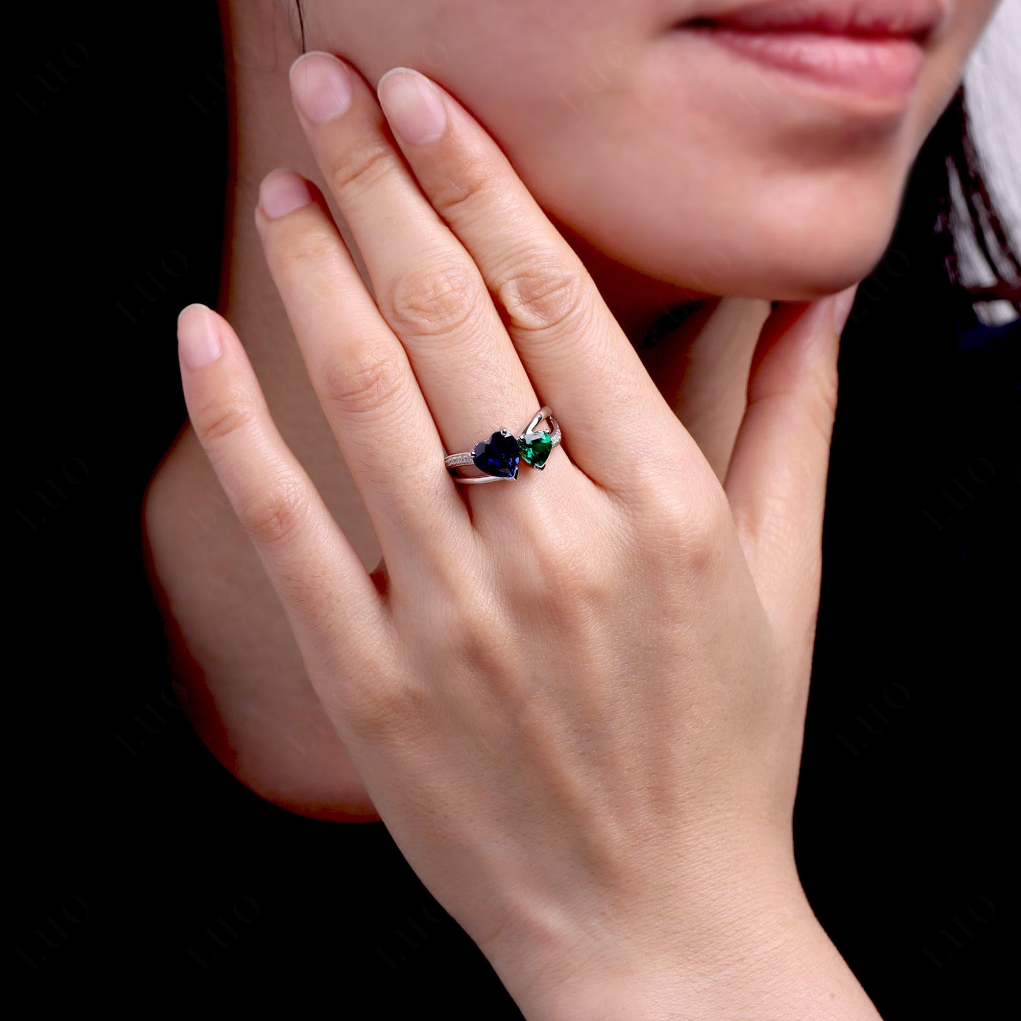 Emerald and Sapphire Heart Toi Et Moi Ring - LUO Jewelry 