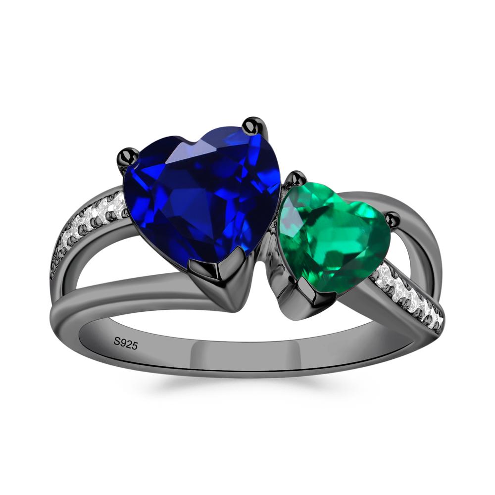 Emerald and Sapphire Heart Toi Et Moi Ring - LUO Jewelry #metal_black finish sterling silver