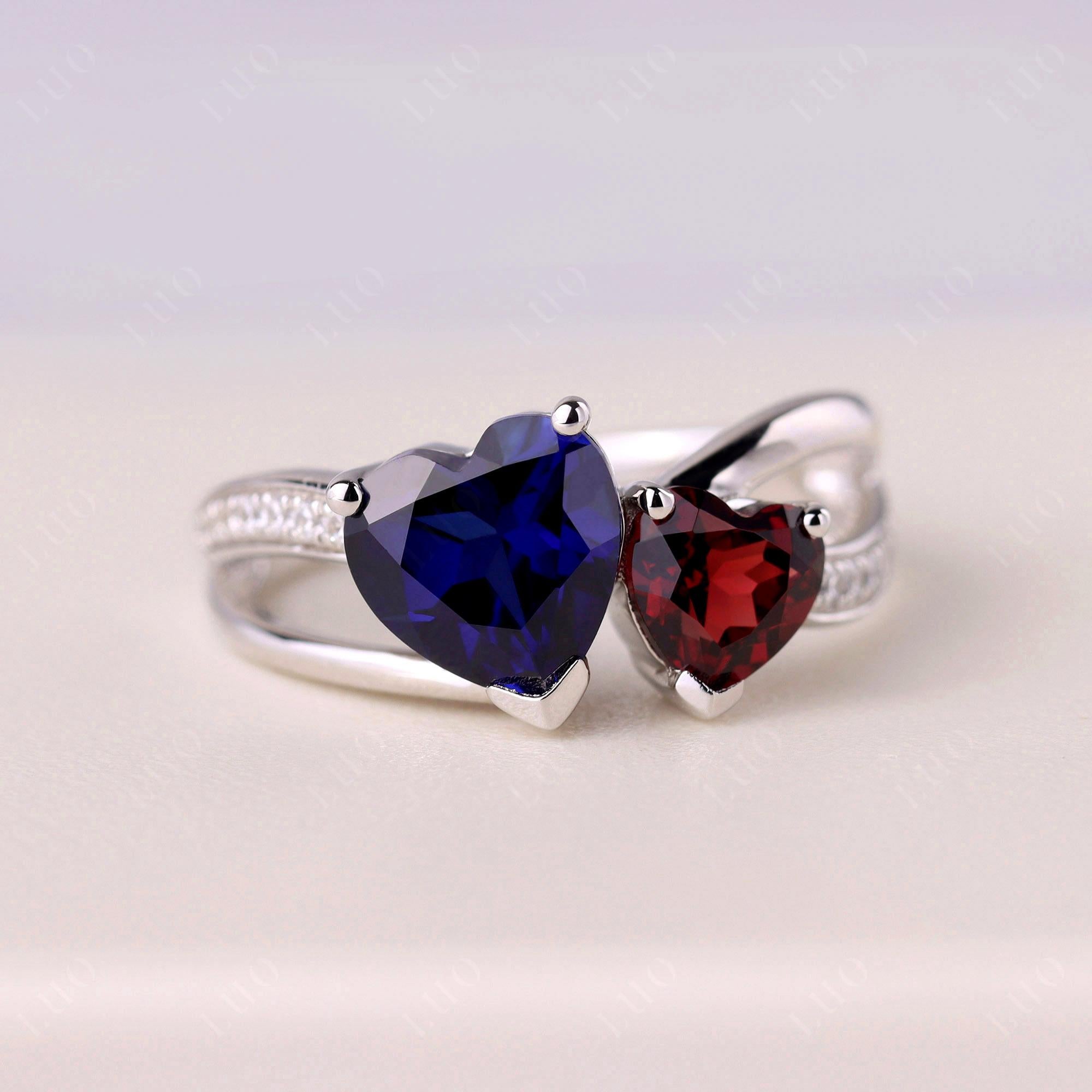 Garnet and Sapphire Heart Toi Et Moi Ring - LUO Jewelry 