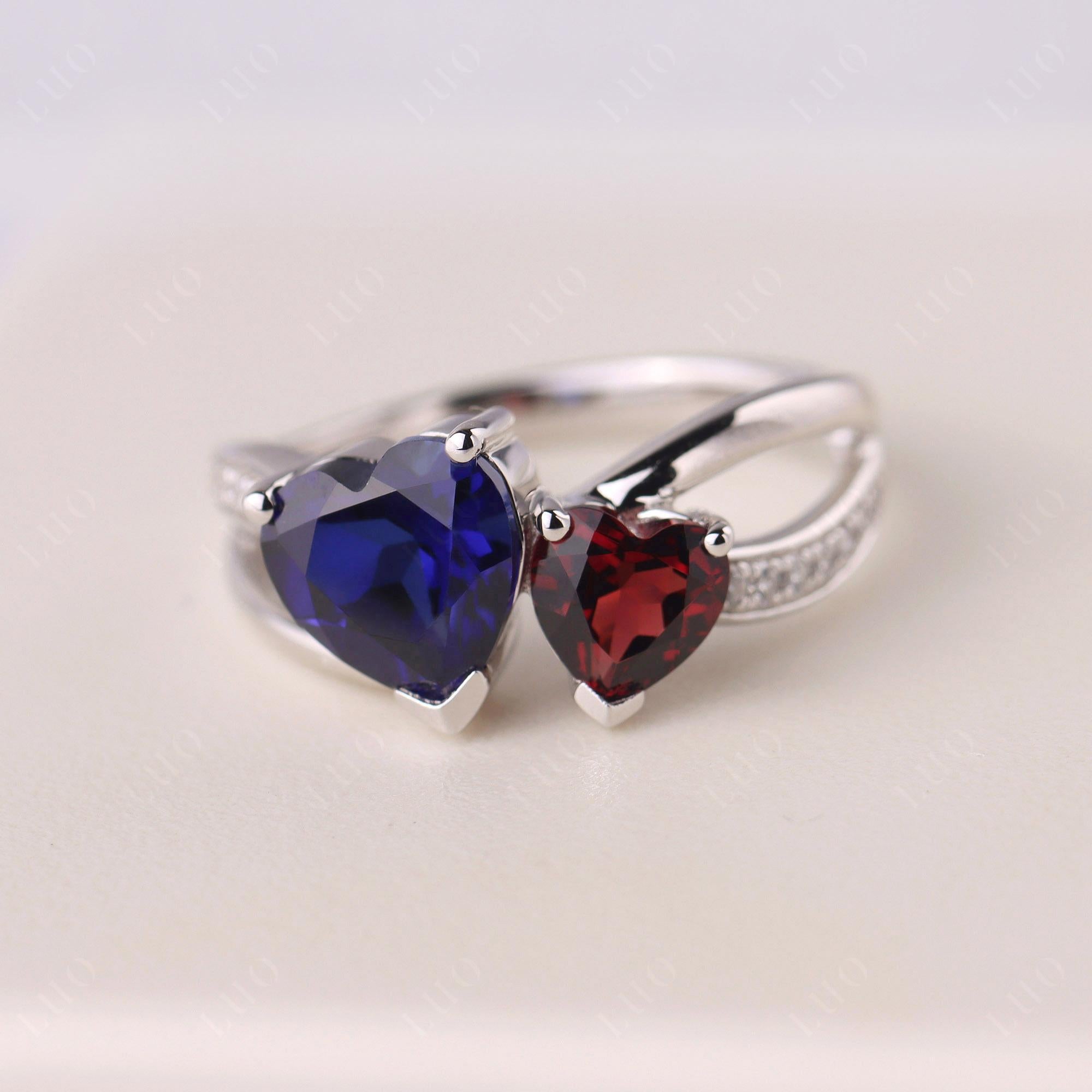 Garnet and Sapphire Heart Toi Et Moi Ring - LUO Jewelry 