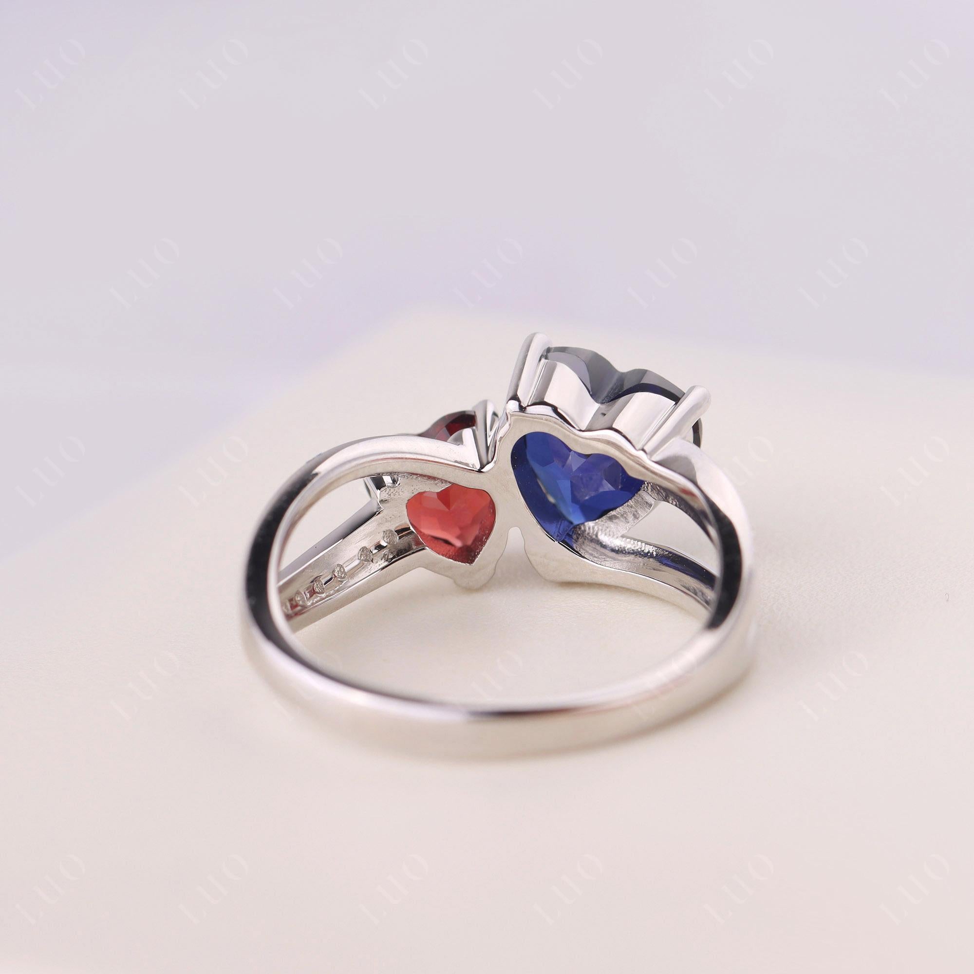 Garnet and Sapphire Heart Toi Et Moi Ring - LUO Jewelry 