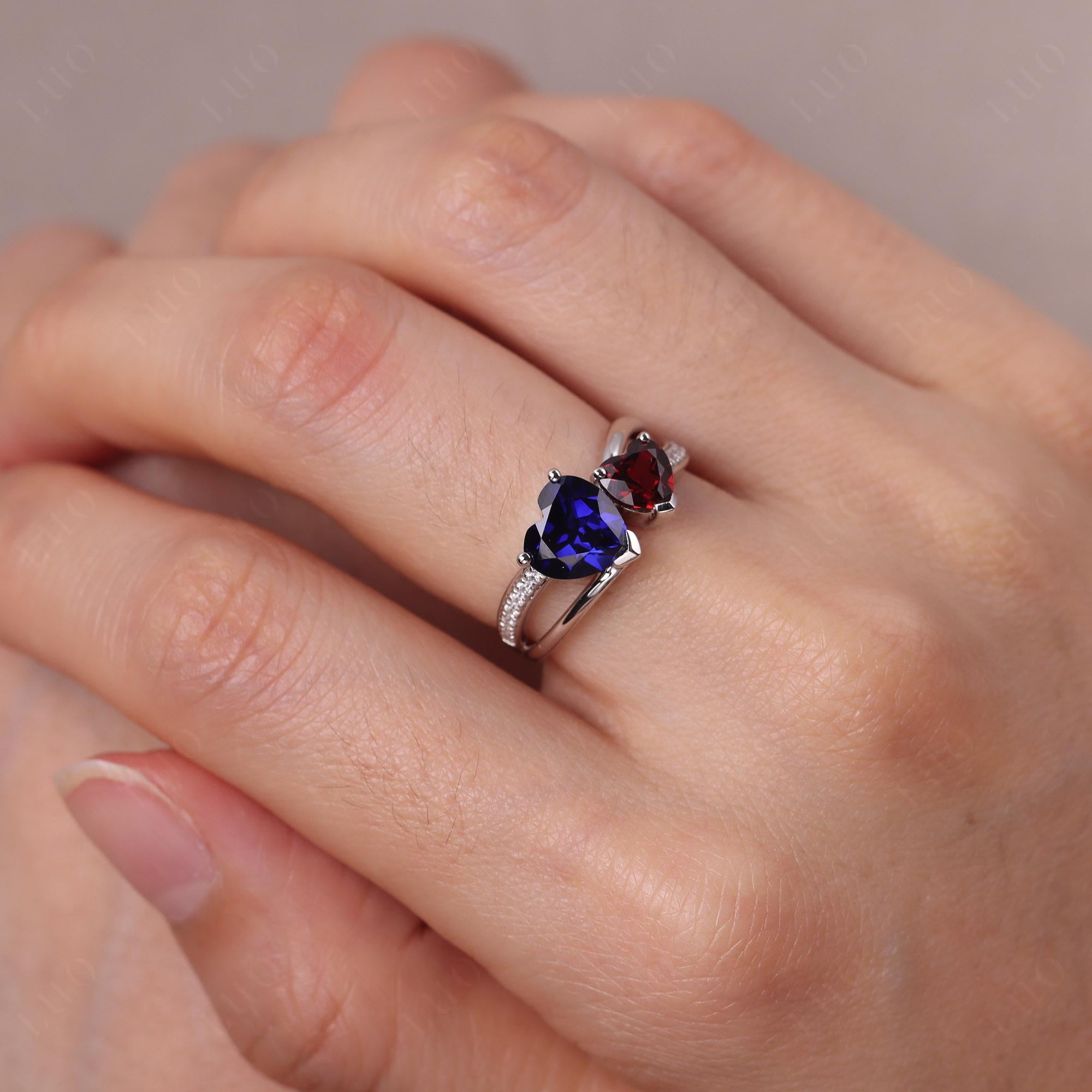 Garnet and Sapphire Heart Toi Et Moi Ring - LUO Jewelry 