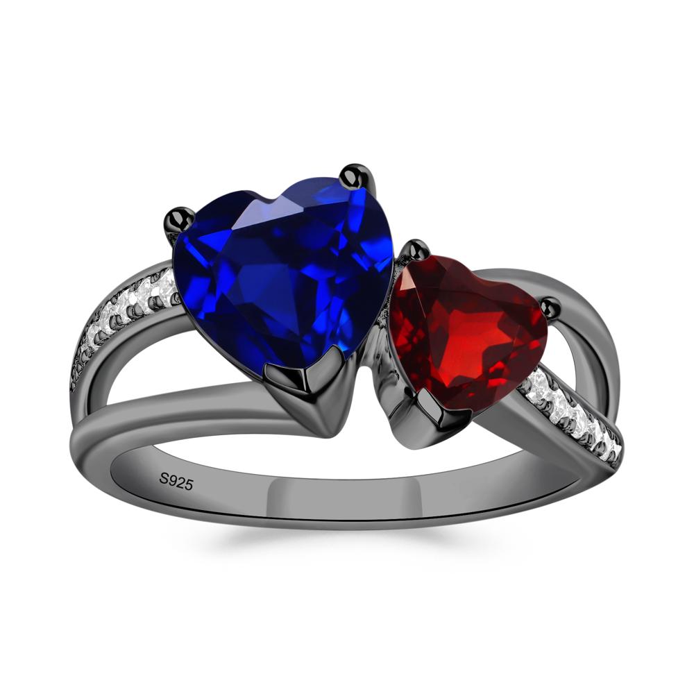 Garnet and Sapphire Heart Toi Et Moi Ring - LUO Jewelry #metal_black finish sterling silver