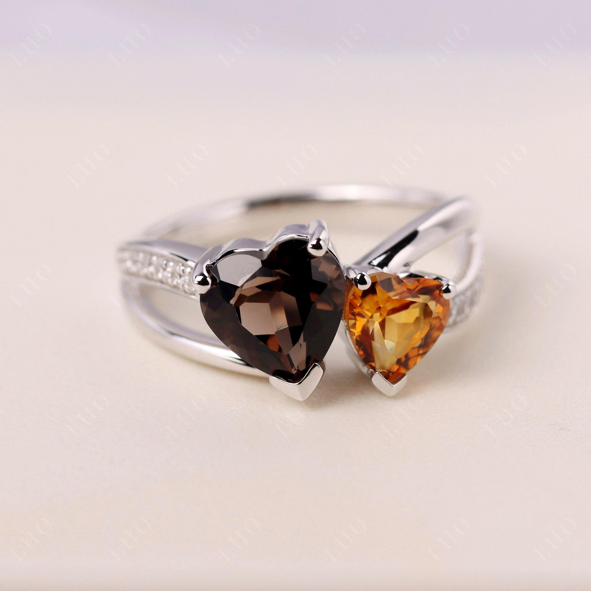 Citrine and Smoky Quartz Heart Toi Et Moi Ring - LUO Jewelry 