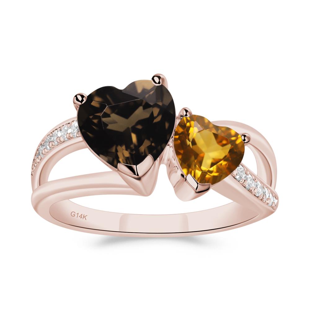 Citrine and Smoky Quartz Heart Toi Et Moi Ring - LUO Jewelry #metal_14k rose gold