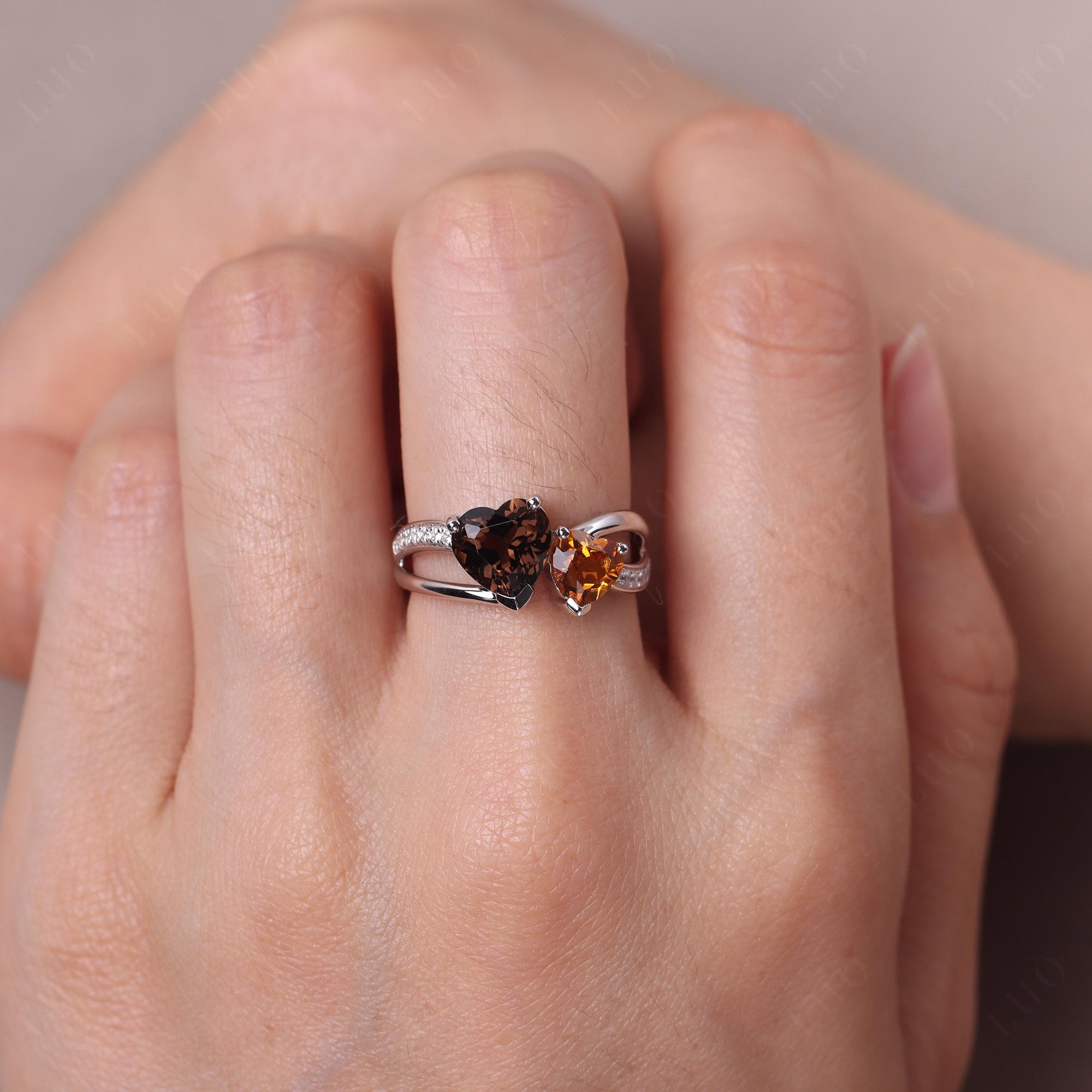 Citrine and Smoky Quartz Heart Toi Et Moi Ring - LUO Jewelry 