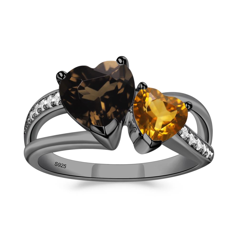 Citrine and Smoky Quartz Heart Toi Et Moi Ring - LUO Jewelry #metal_black finish sterling silver