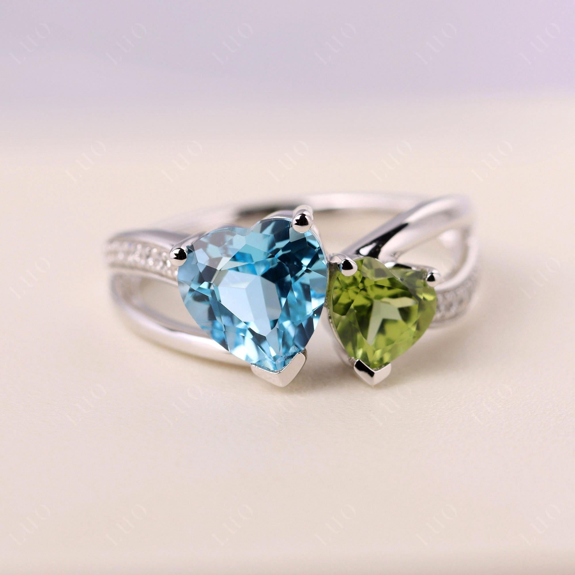 Swiss Blue Topaz and Peridot Heart Toi Et Moi Ring - LUO Jewelry 