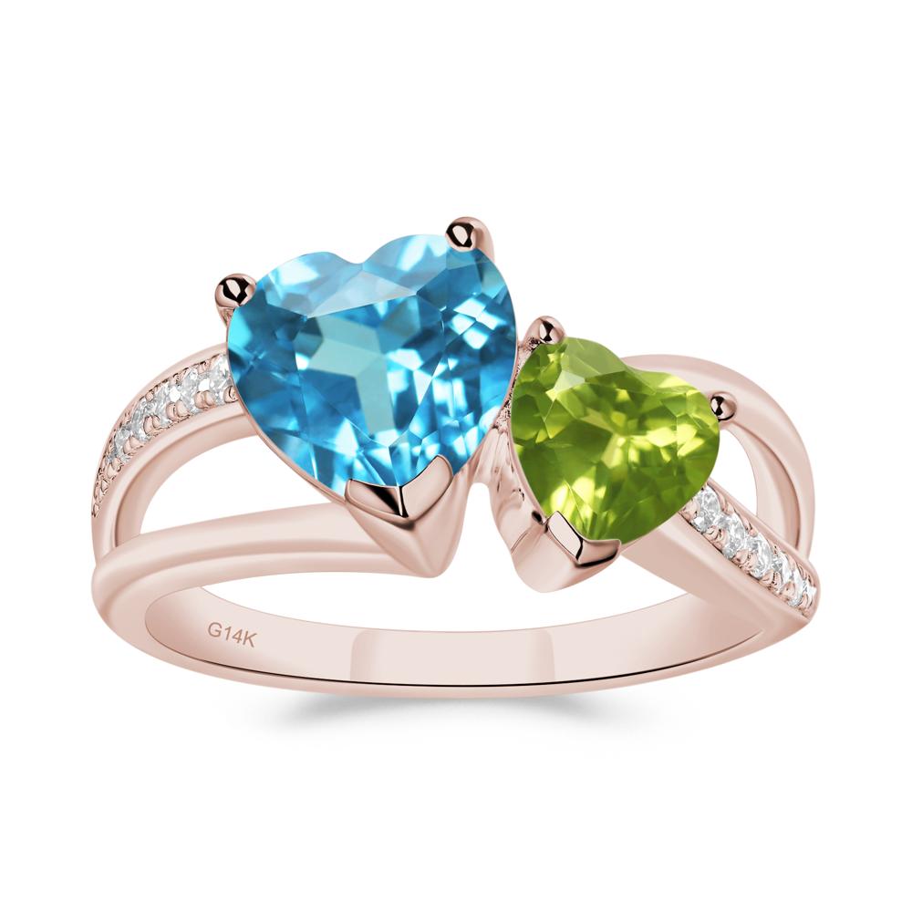 Swiss Blue Topaz and Peridot Heart Toi Et Moi Ring - LUO Jewelry #metal_14k rose gold