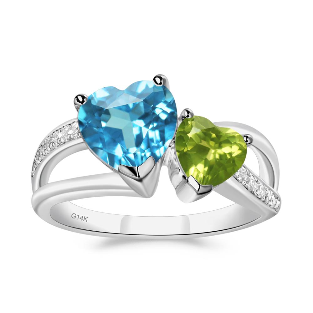 Swiss Blue Topaz and Peridot Heart Toi Et Moi Ring - LUO Jewelry #metal_14k white gold