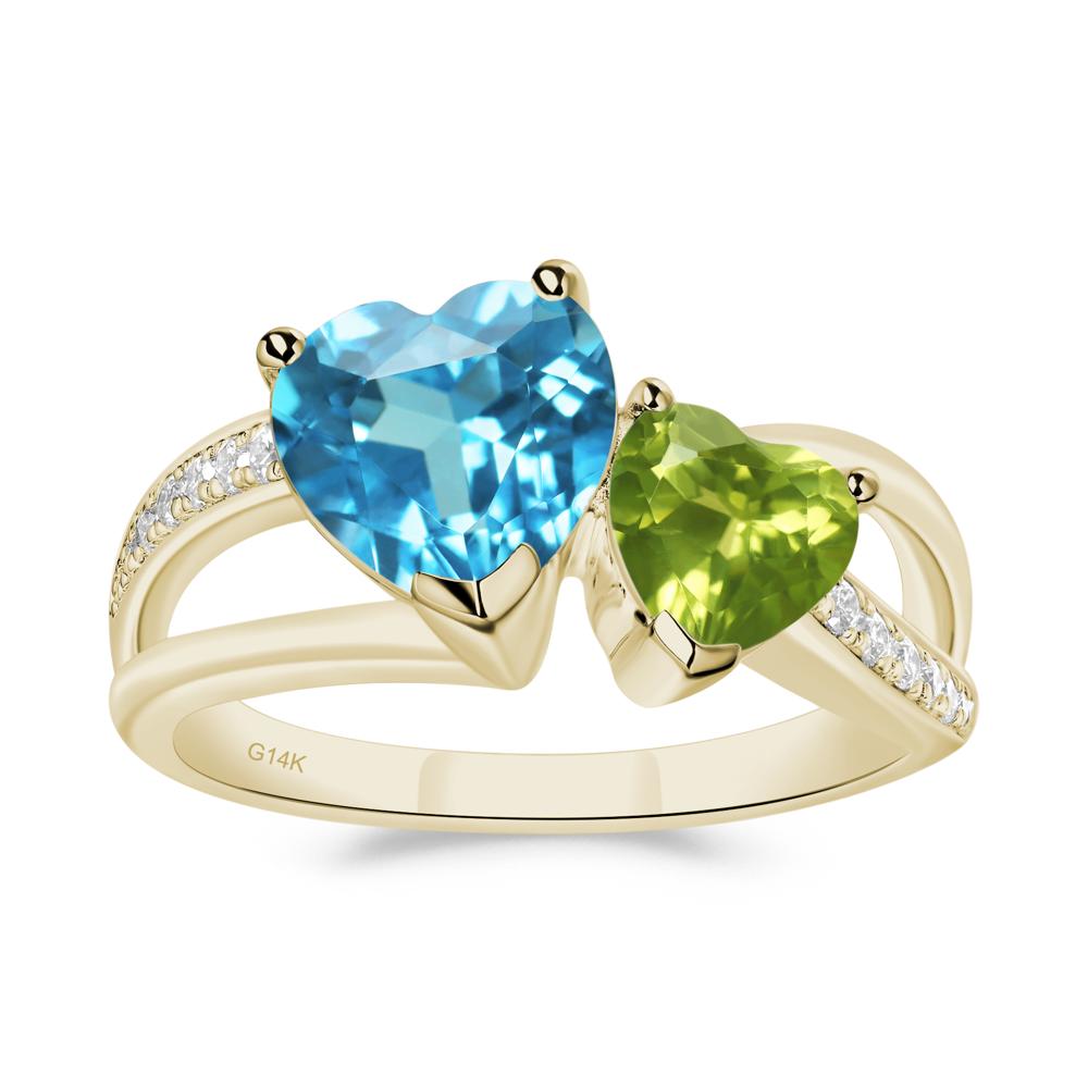 Swiss Blue Topaz and Peridot Heart Toi Et Moi Ring - LUO Jewelry #metal_14k yellow gold