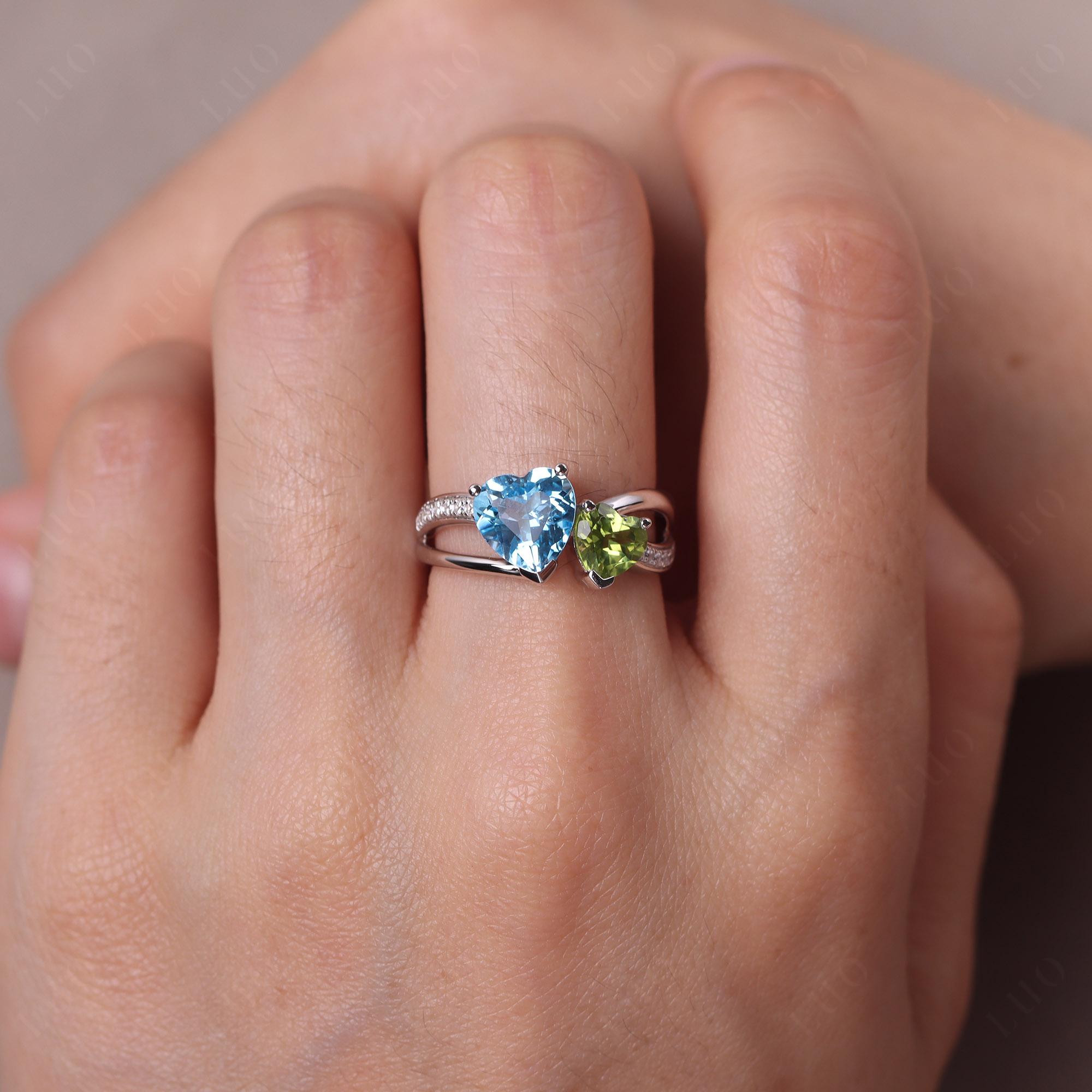 Swiss Blue Topaz and Peridot Heart Toi Et Moi Ring - LUO Jewelry 