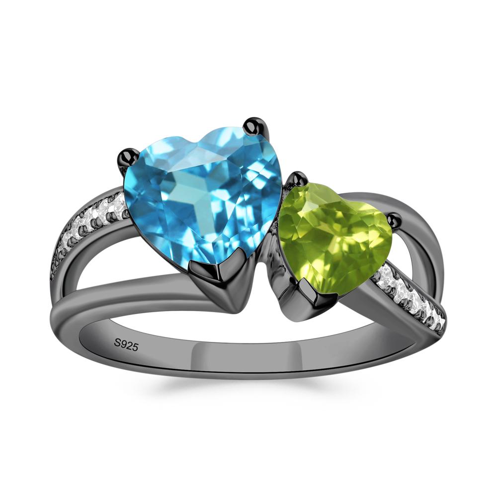 Swiss Blue Topaz and Peridot Heart Toi Et Moi Ring - LUO Jewelry #metal_black finish sterling silver