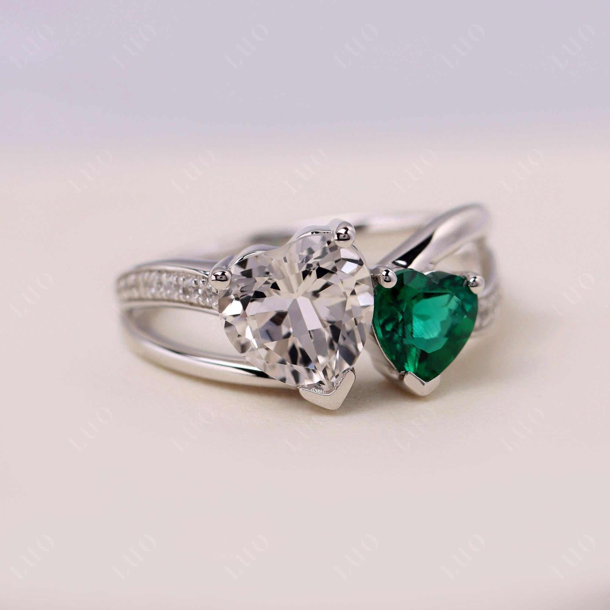 Heart Emerald and White Topaz Toi Et Moi Ring - LUO Jewelry 