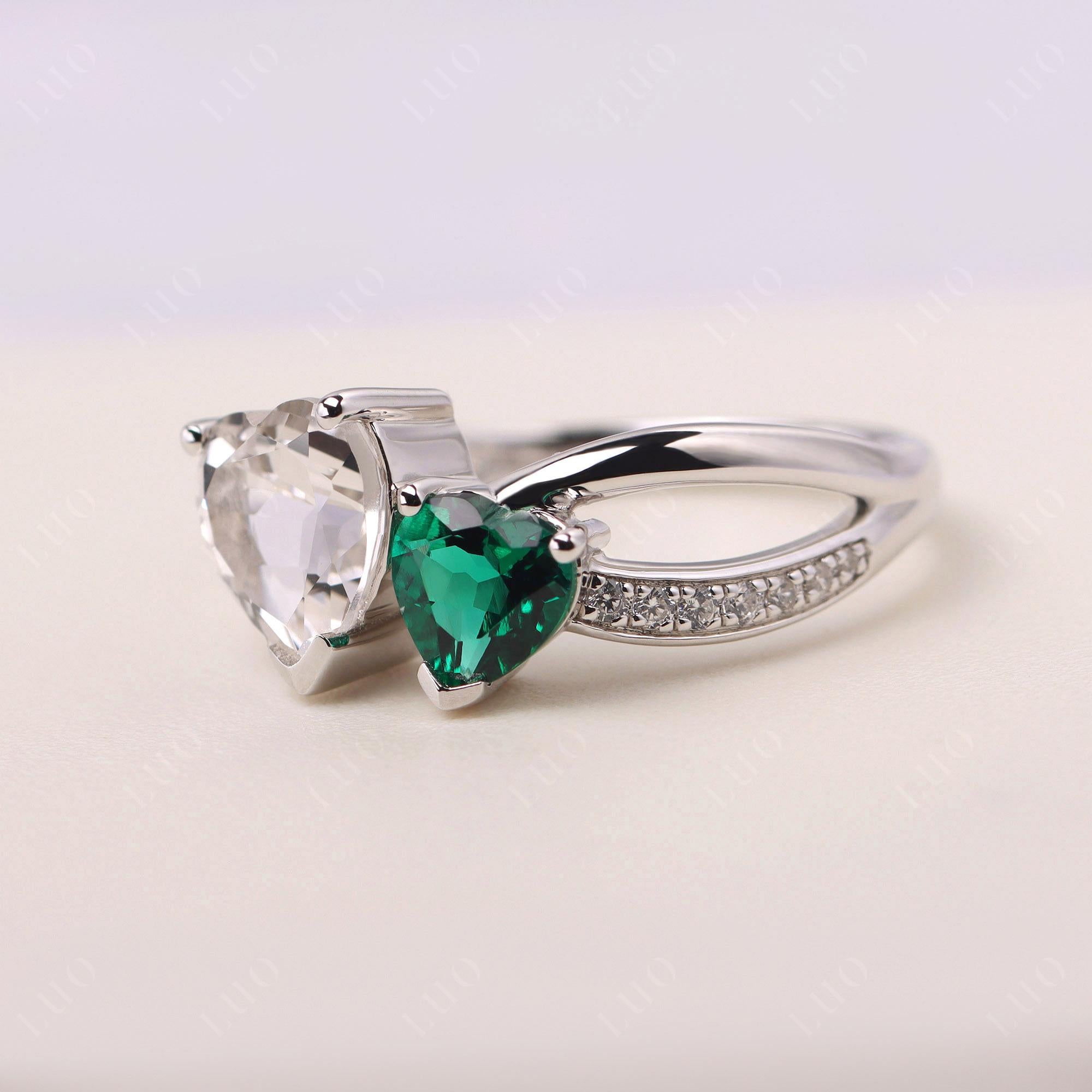 Heart Emerald and White Topaz Toi Et Moi Ring - LUO Jewelry 