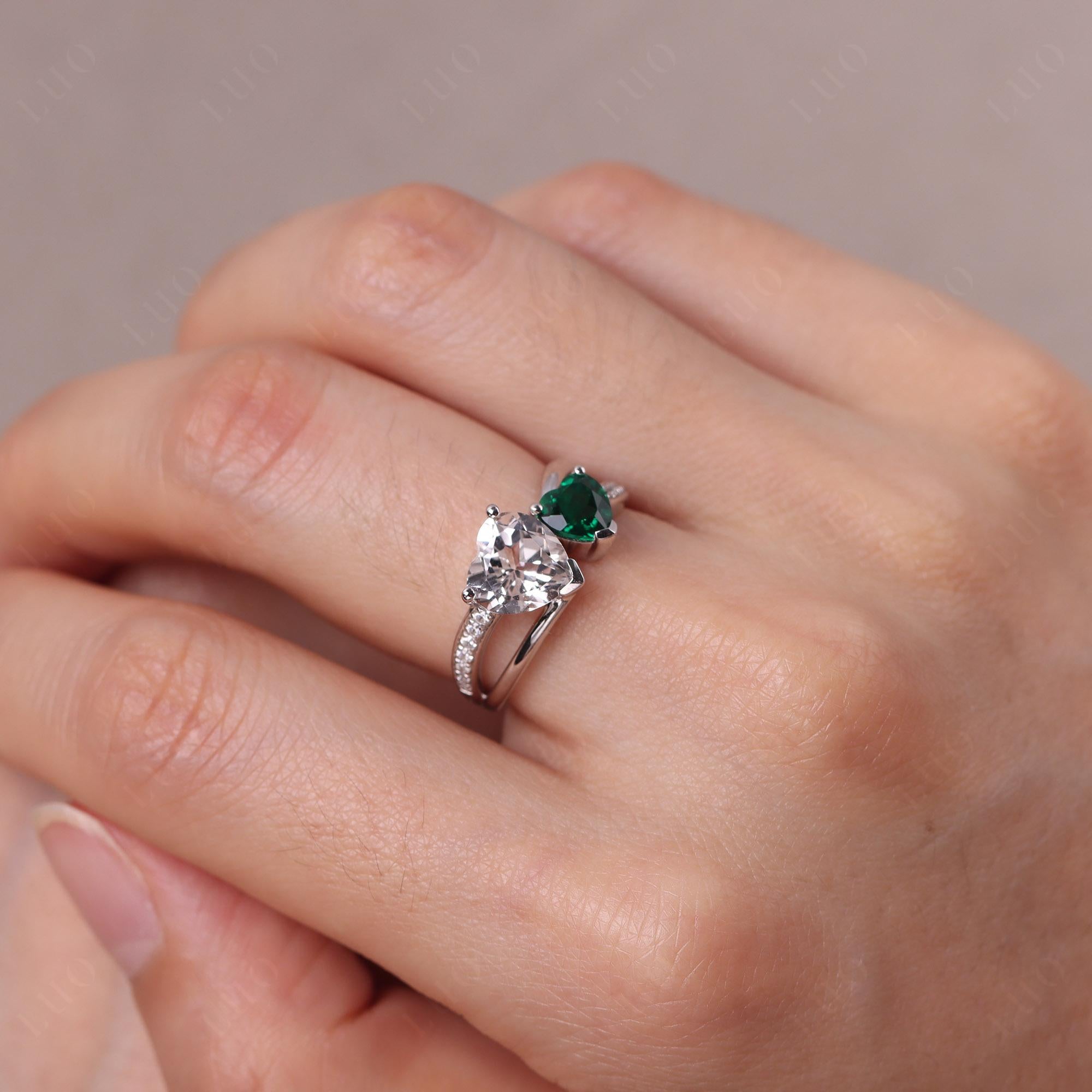 Heart Emerald and White Topaz Toi Et Moi Ring - LUO Jewelry 