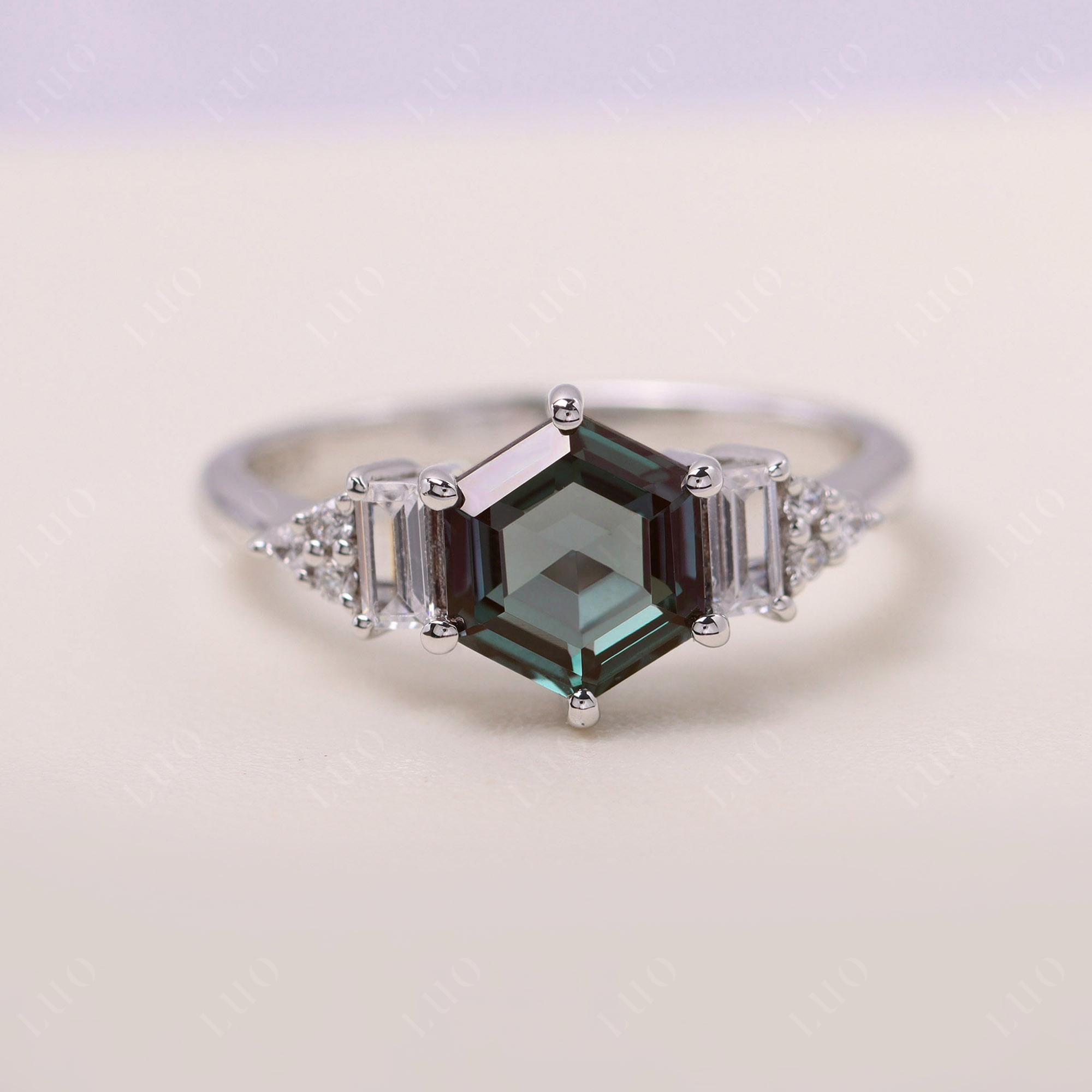 Hexagon Alexandrite Ring with Baguette - LUO Jewelry 