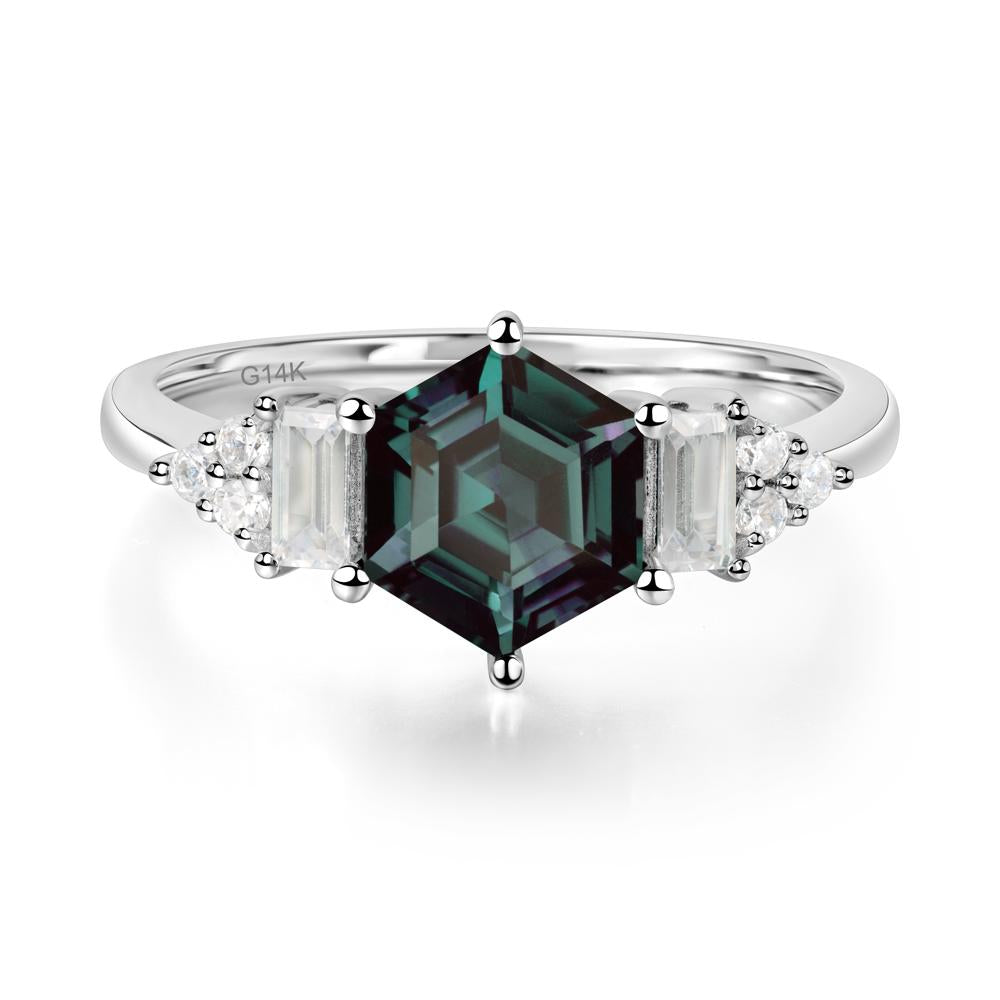 Hexagon Alexandrite Ring with Baguette - LUO Jewelry #metal_14k white gold