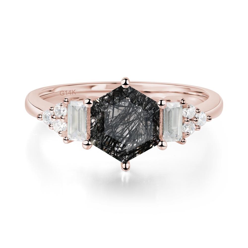 Hexagon Black Rutilated Quartz Ring with Baguette - LUO Jewelry #metal_14k rose gold