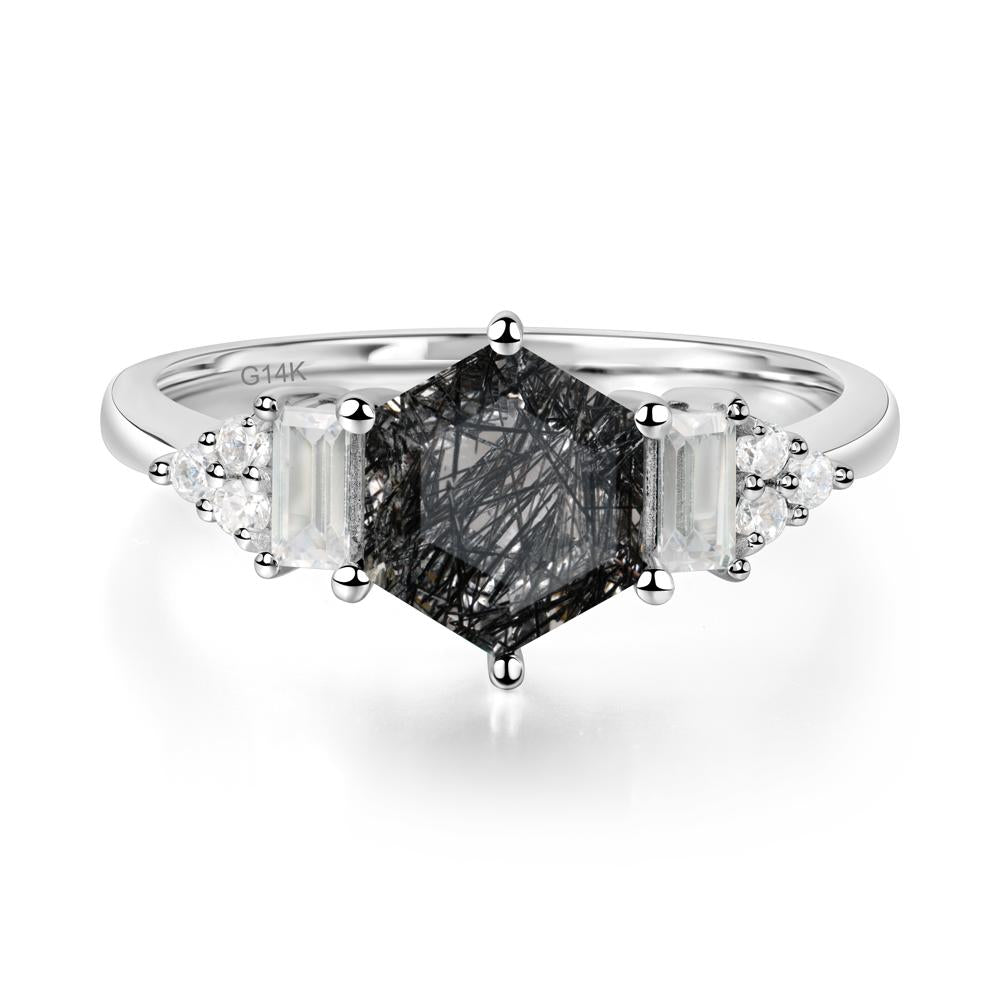 Hexagon Black Rutilated Quartz Ring with Baguette - LUO Jewelry #metal_14k white gold