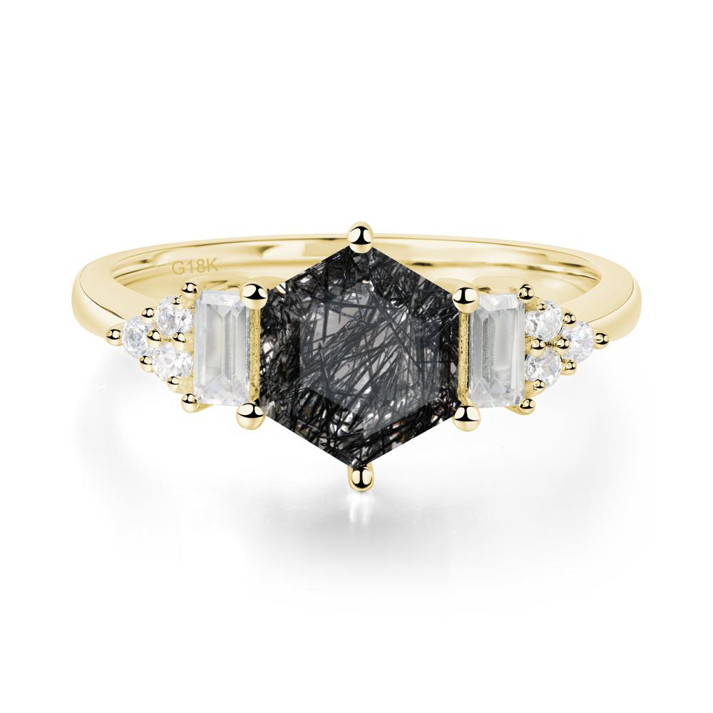 Hexagon Black Rutilated Quartz Ring with Baguette - LUO Jewelry #metal_18k yellow gold