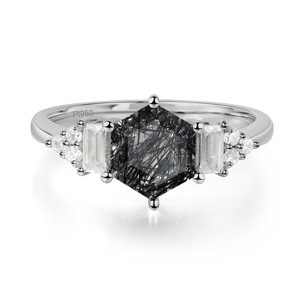 Hexagon Black Rutilated Quartz Ring with Baguette - LUO Jewelry #metal_platinum