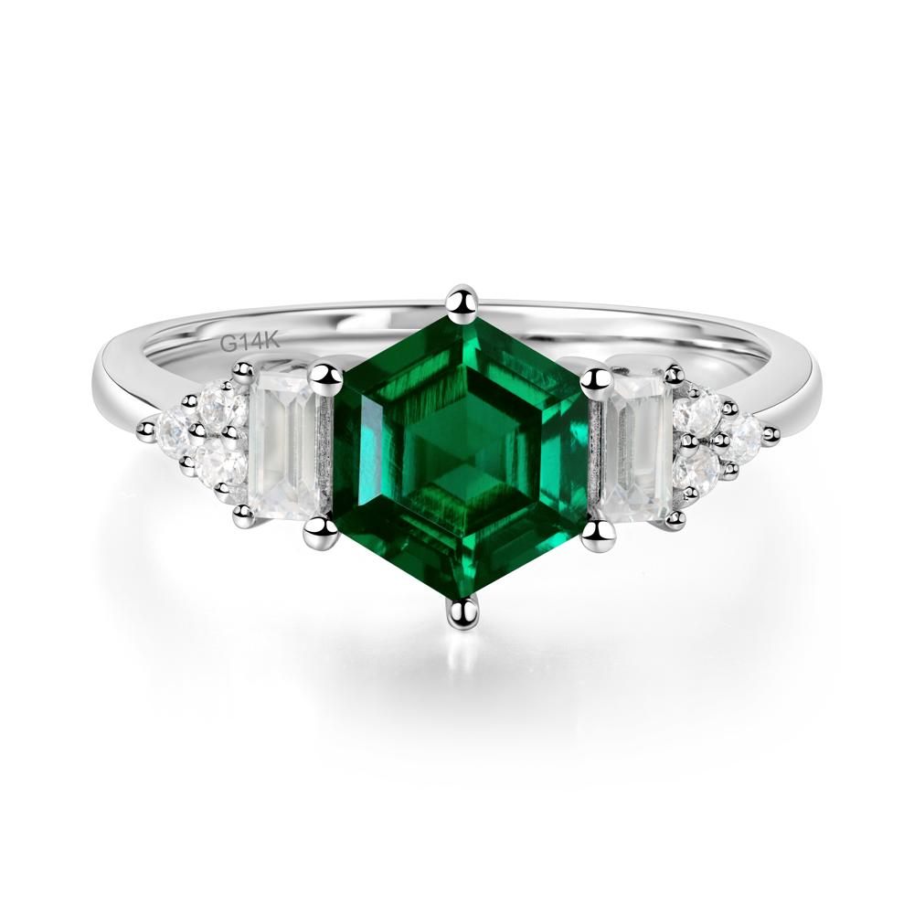 Hexagon Emerald Ring with Baguette - LUO Jewelry #metal_14k white gold