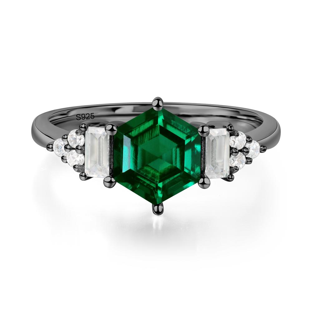 Hexagon Emerald Ring with Baguette - LUO Jewelry #metal_black finish sterling silver