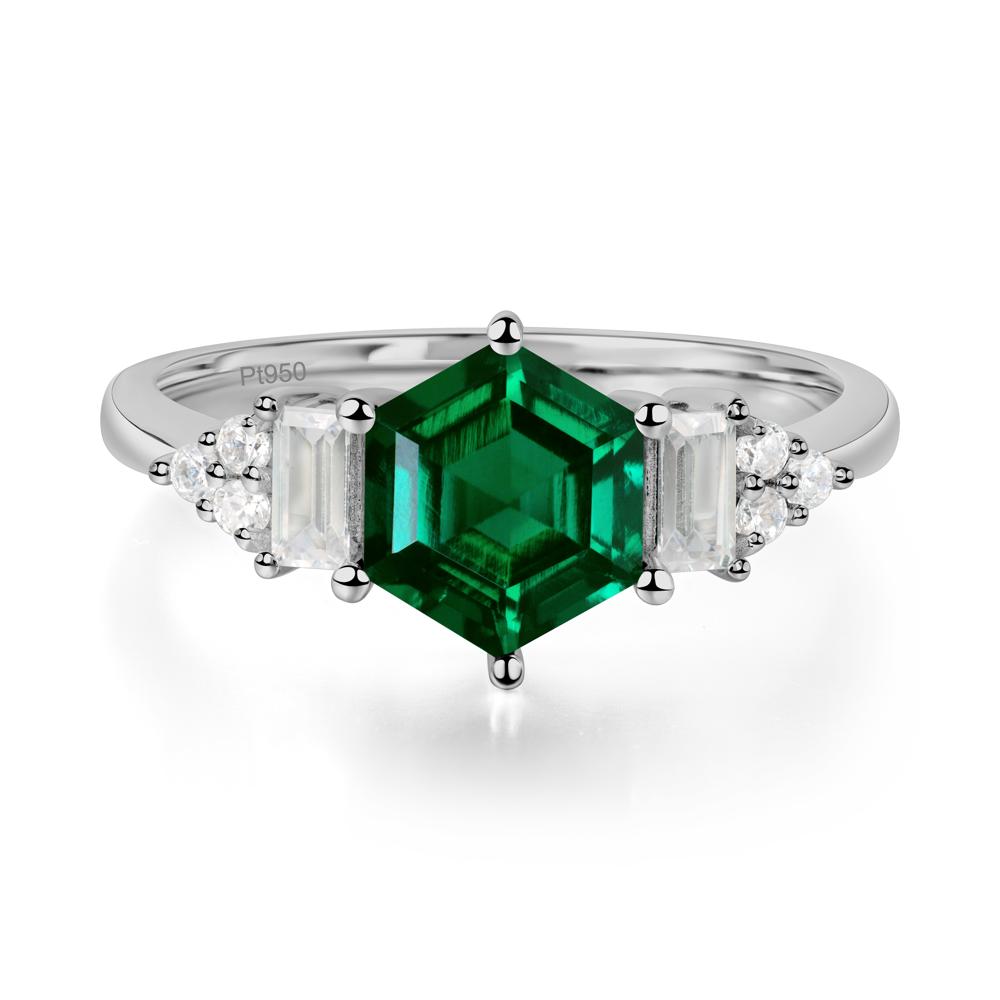 Hexagon Emerald Ring with Baguette - LUO Jewelry #metal_platinum