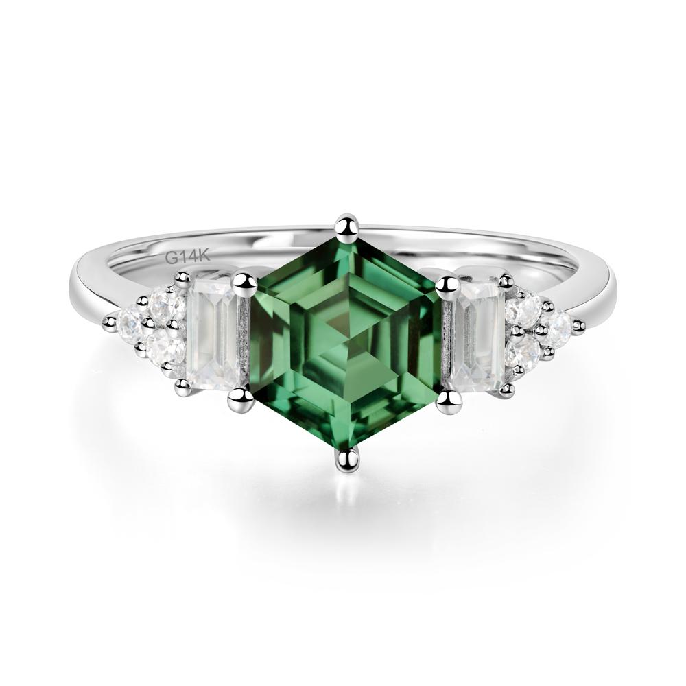 Hexagon Green Sapphire Ring with Baguette - LUO Jewelry #metal_14k white gold