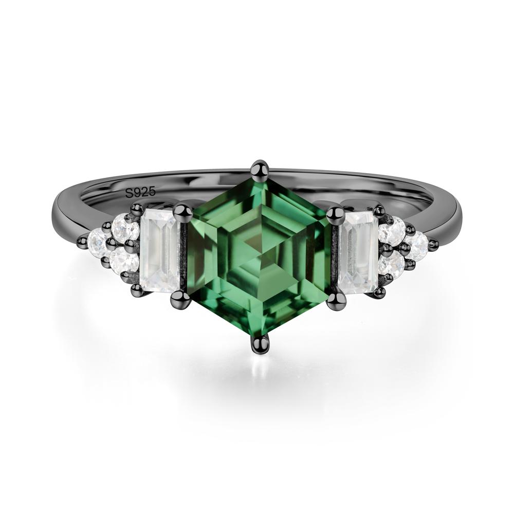 Hexagon Green Sapphire Ring with Baguette - LUO Jewelry #metal_black finish sterling silver