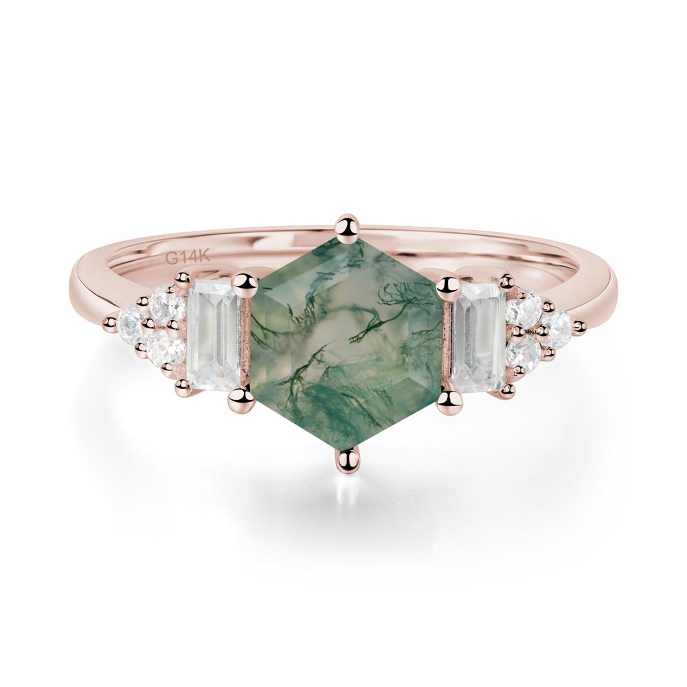 Hexagon Moss Agate Ring with Baguette - LUO Jewelry #metal_14k rose gold