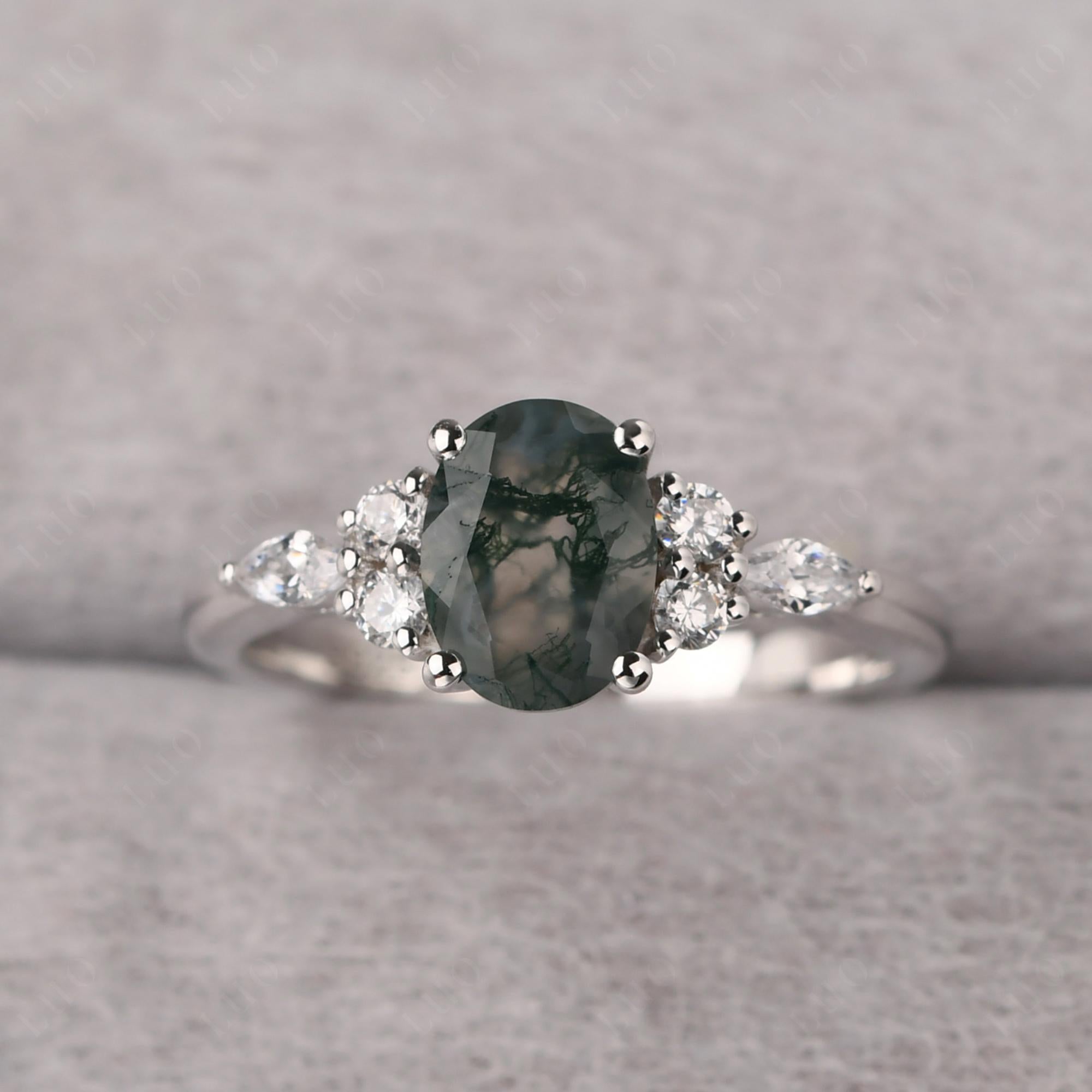 Simple Oval Moss Agate Engagement Ring - LUO Jewelry 