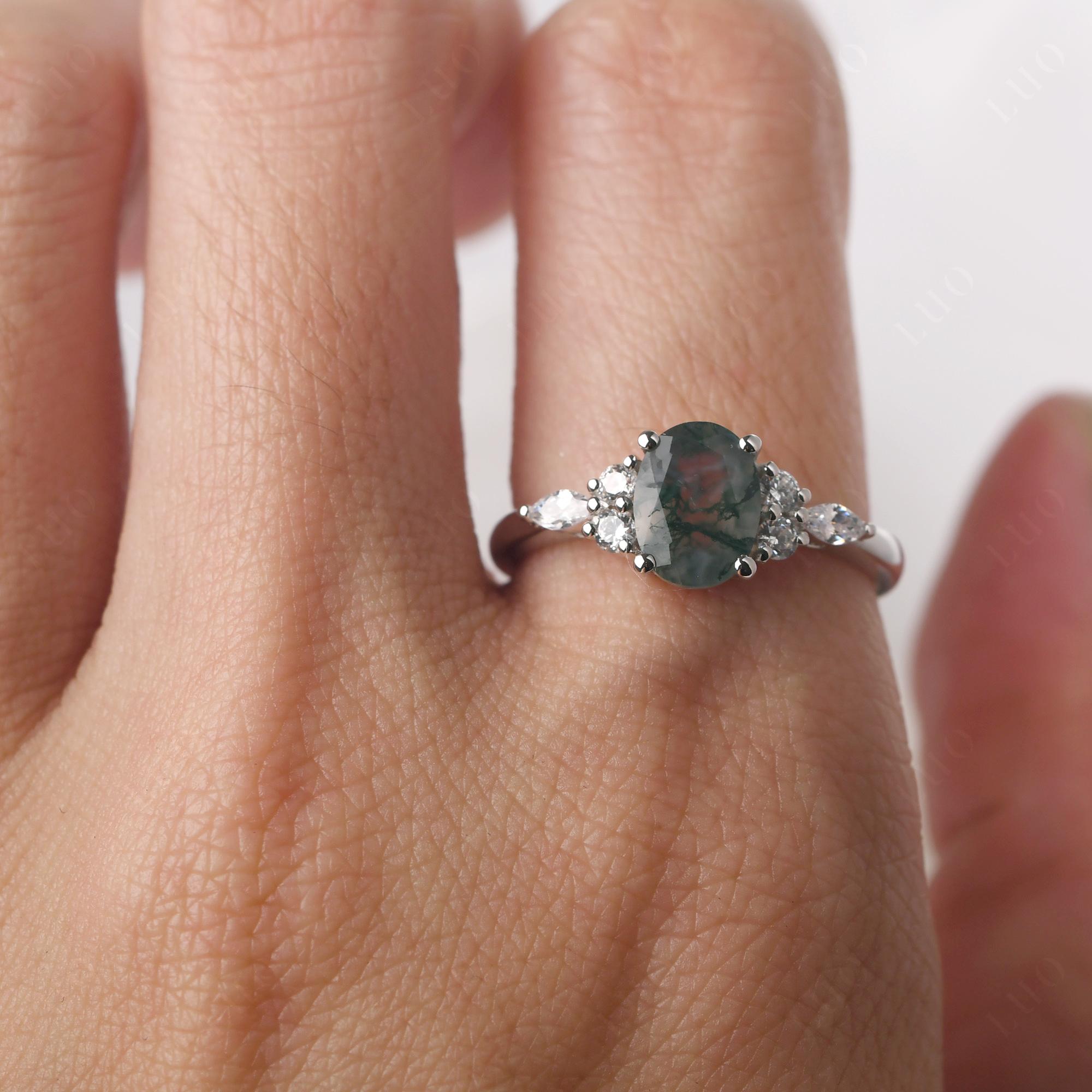 Simple Oval Moss Agate Engagement Ring - LUO Jewelry 