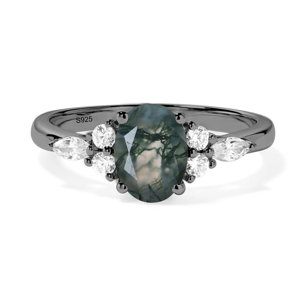 Simple Oval Moss Agate Engagement Ring - LUO Jewelry #metal_black finish sterling silver