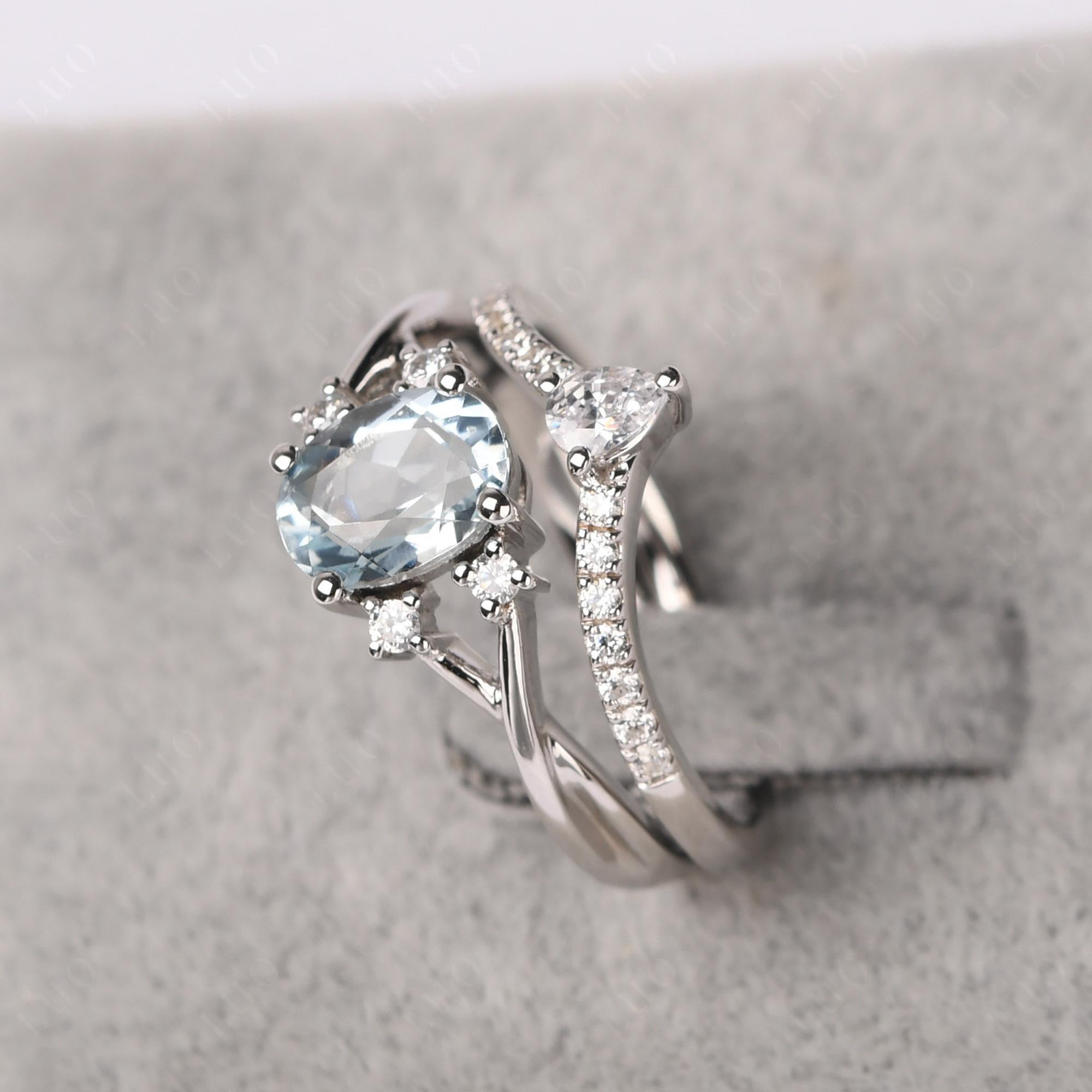 Aquamarine Oval Engagement Ring with Wedding Band - LUO Jewelry 