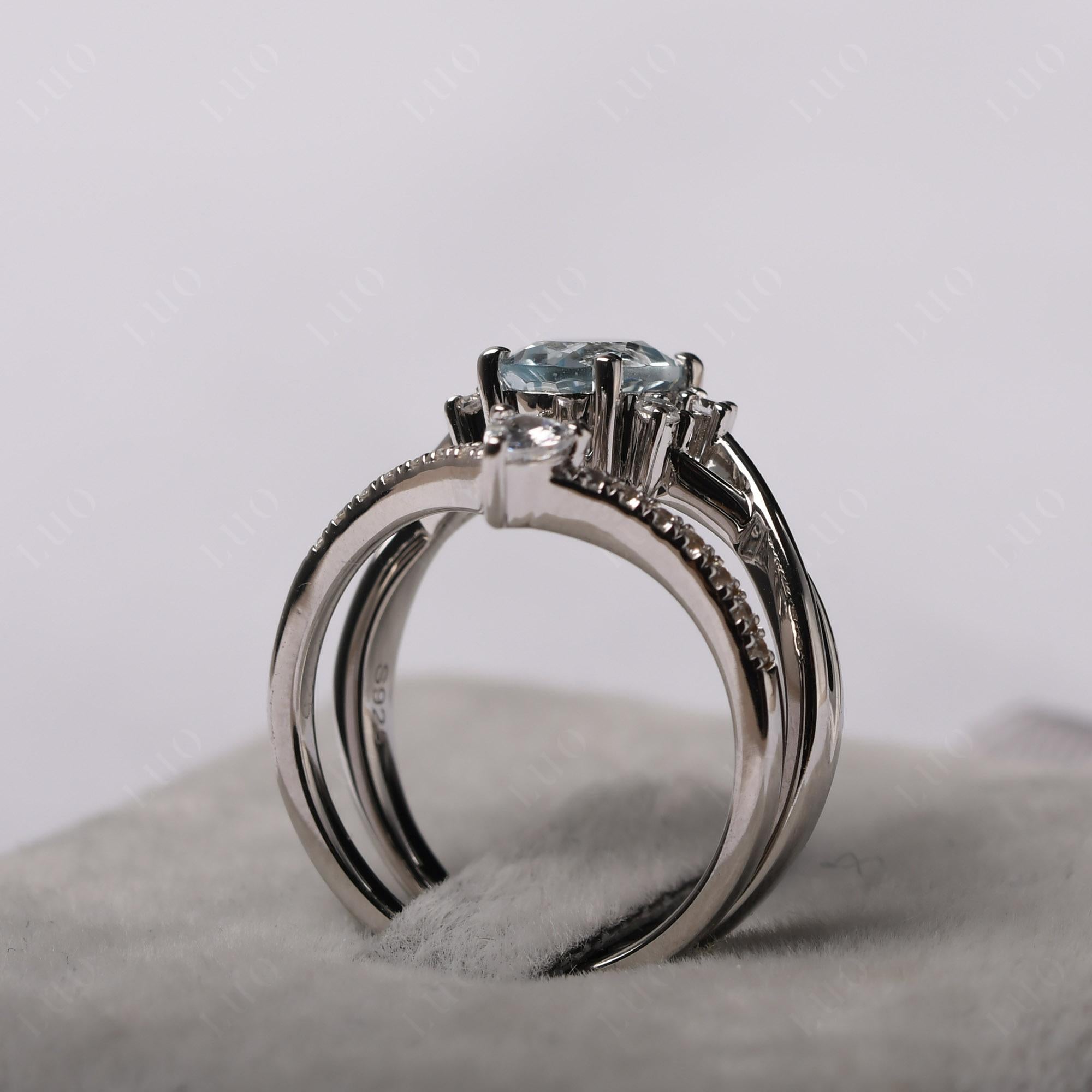 Aquamarine Oval Engagement Ring with Wedding Band - LUO Jewelry 