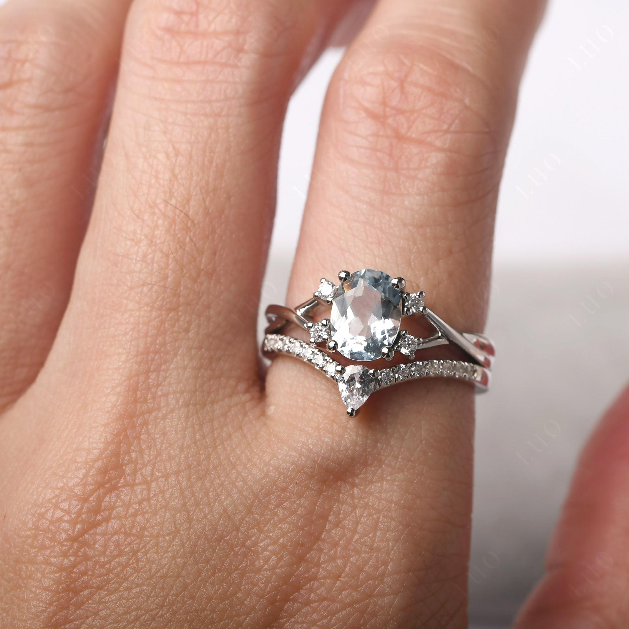 Aquamarine Oval Engagement Ring with Wedding Band - LUO Jewelry 