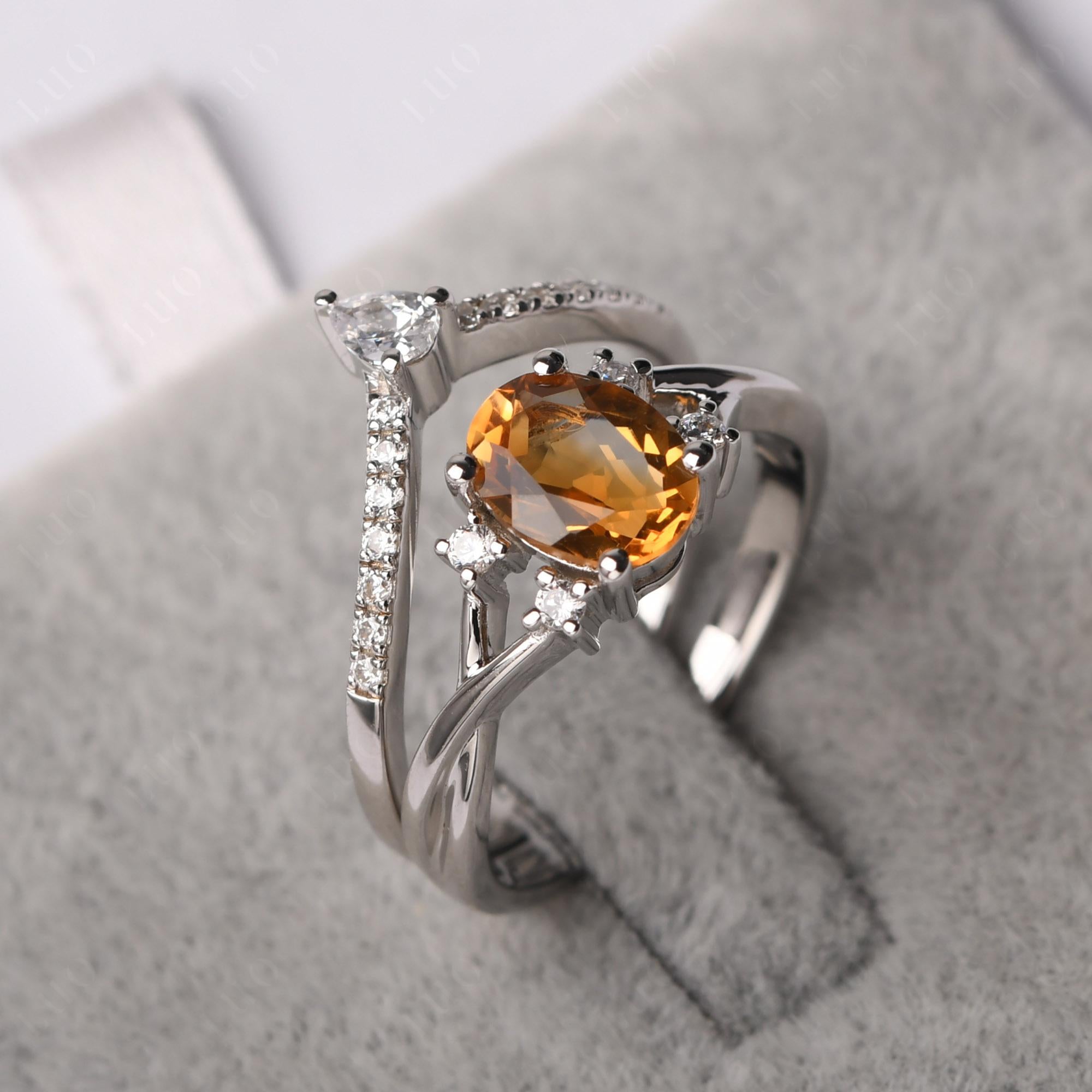 Citrine Oval Engagement Ring with Wedding Band - LUO Jewelry 