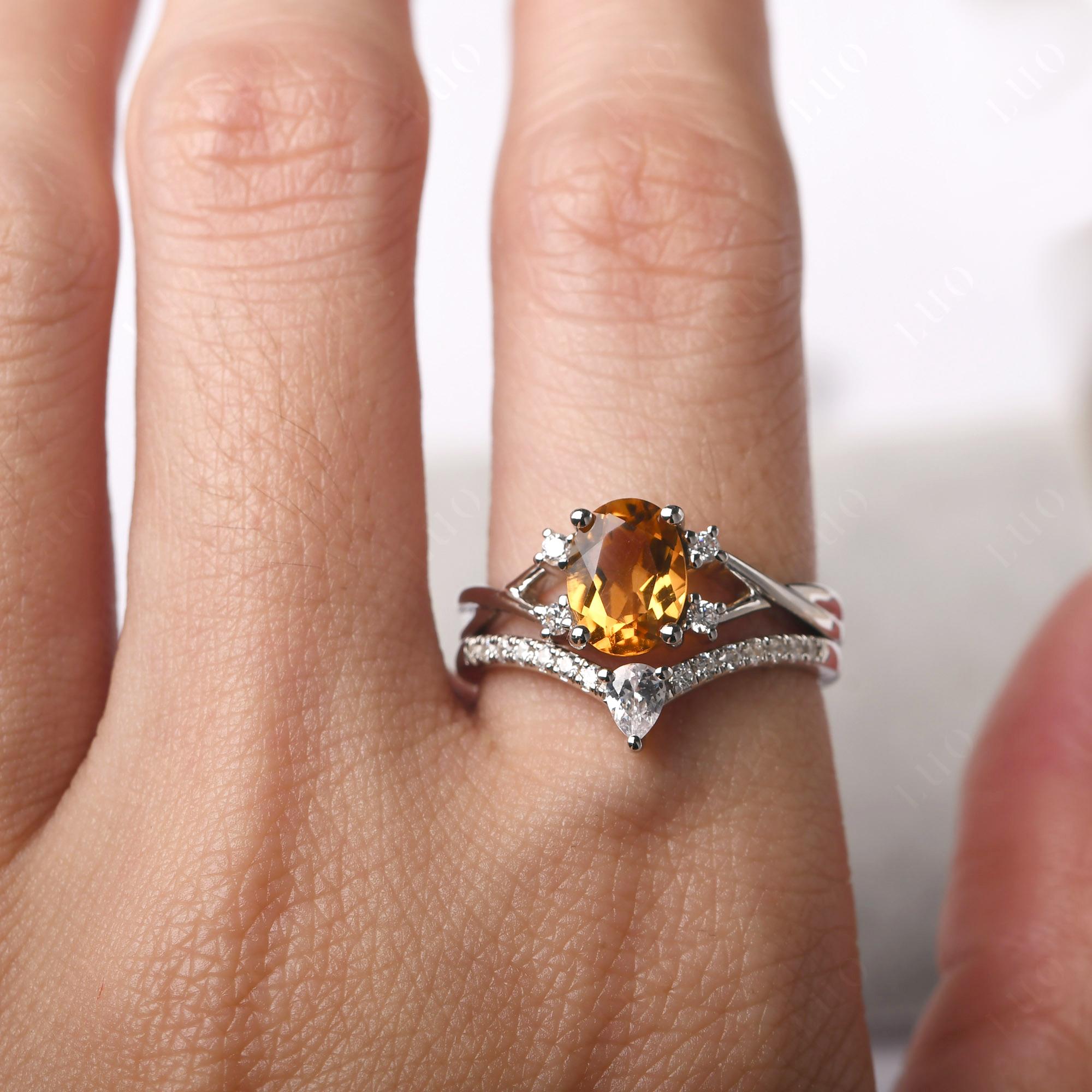 Citrine Oval Engagement Ring with Wedding Band - LUO Jewelry 