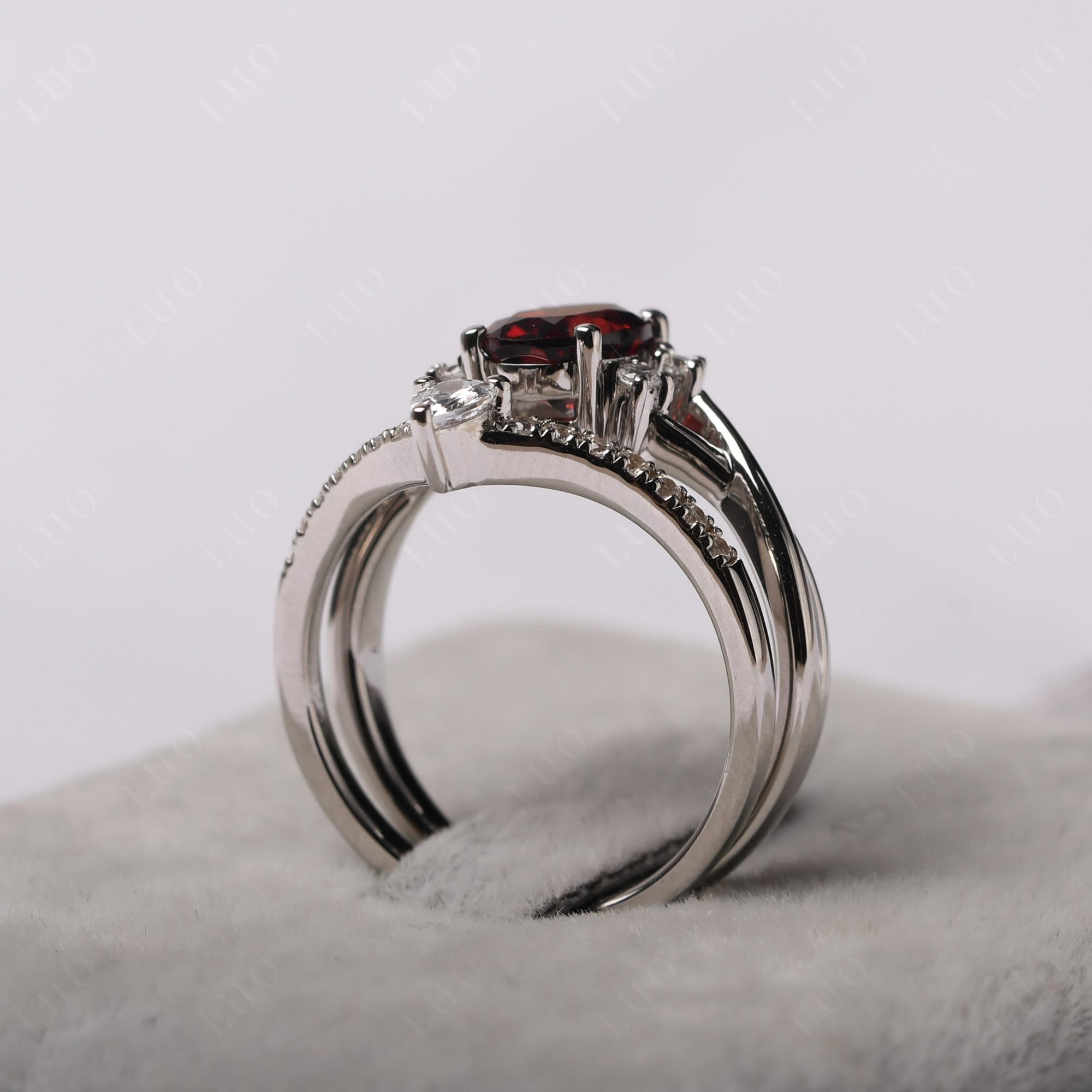 Garnet Oval Engagement Ring with Wedding Band - LUO Jewelry 