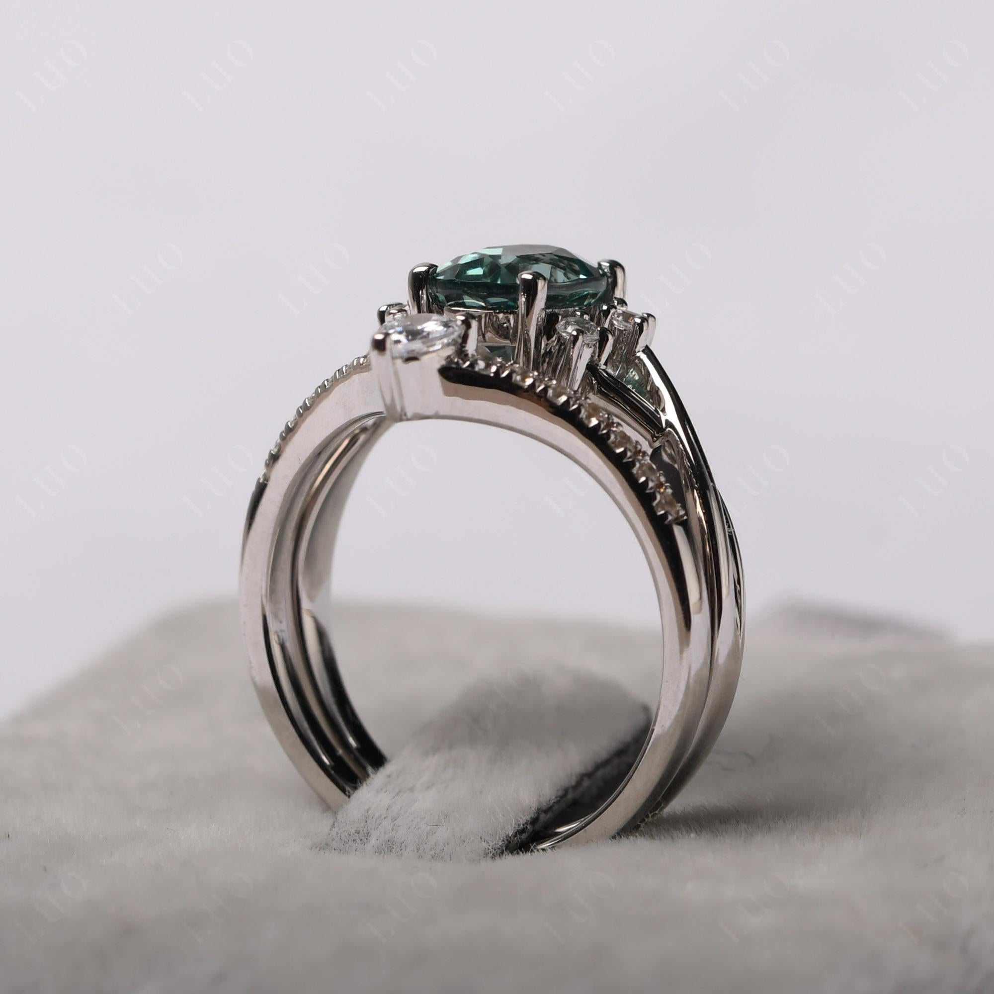 Green Sapphire Oval Engagement Ring with Wedding Band - LUO Jewelry 