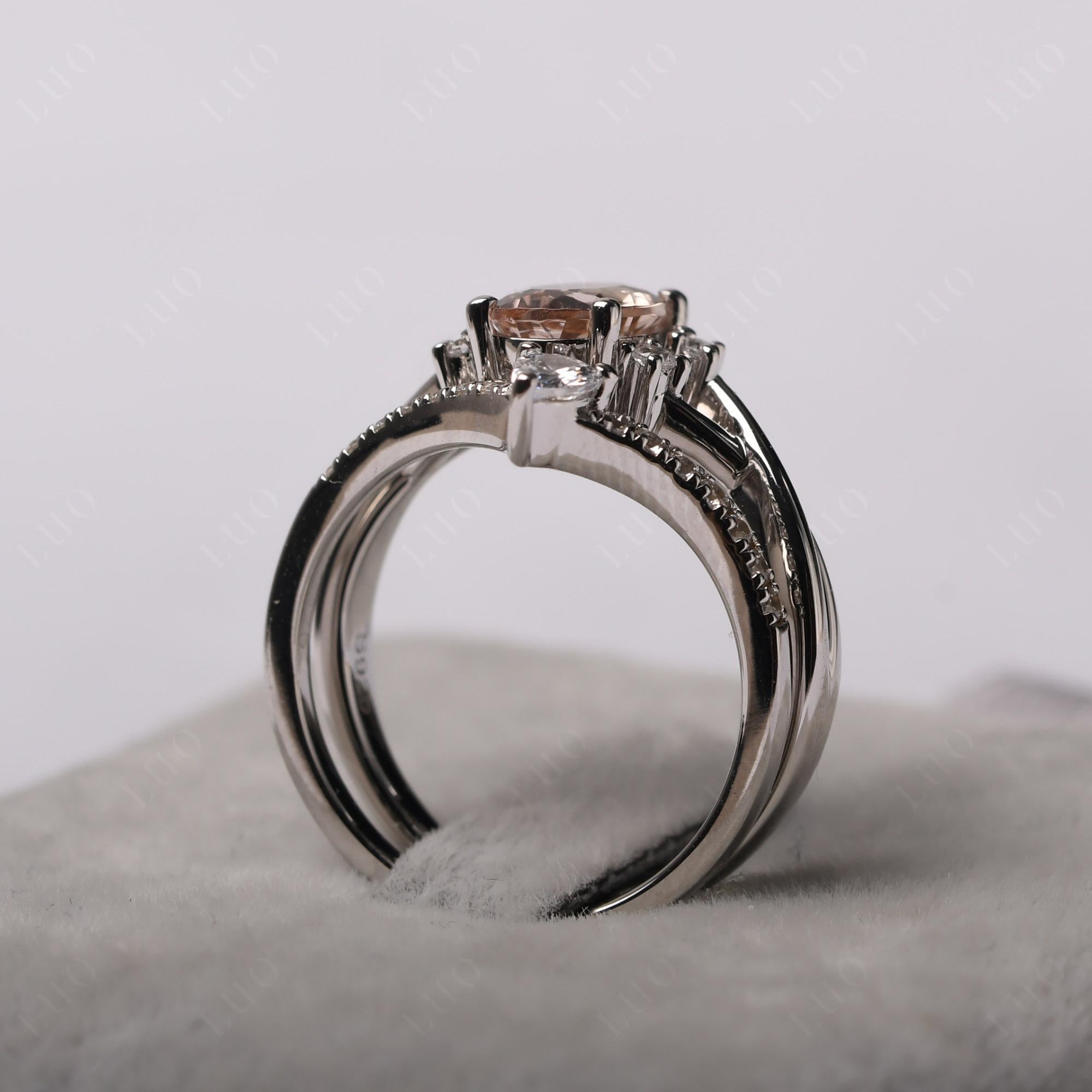 Morganite Oval Engagement Ring with Wedding Band - LUO Jewelry 